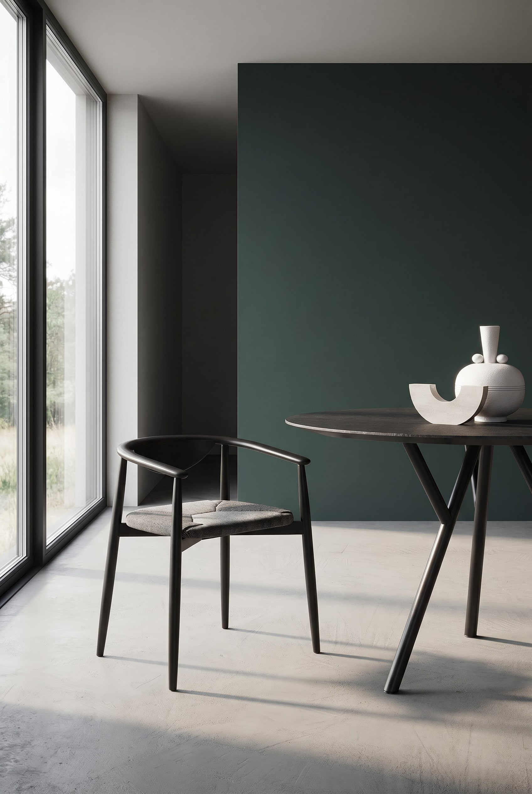 Dark green dining room with black designer chair made of ash and structured upholstered seat at a round black dining table