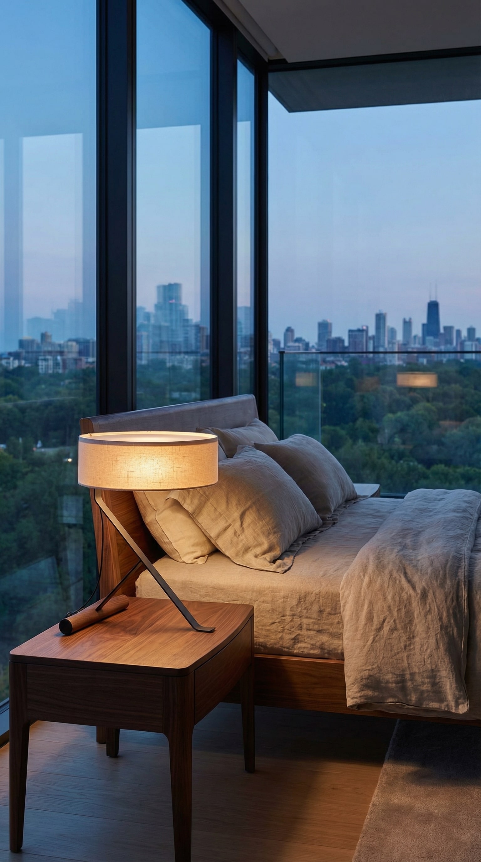 Punt Chicago Leuchte auf einem stilvollen Nachttisch neben einem gem&uuml;tlichen Bett.