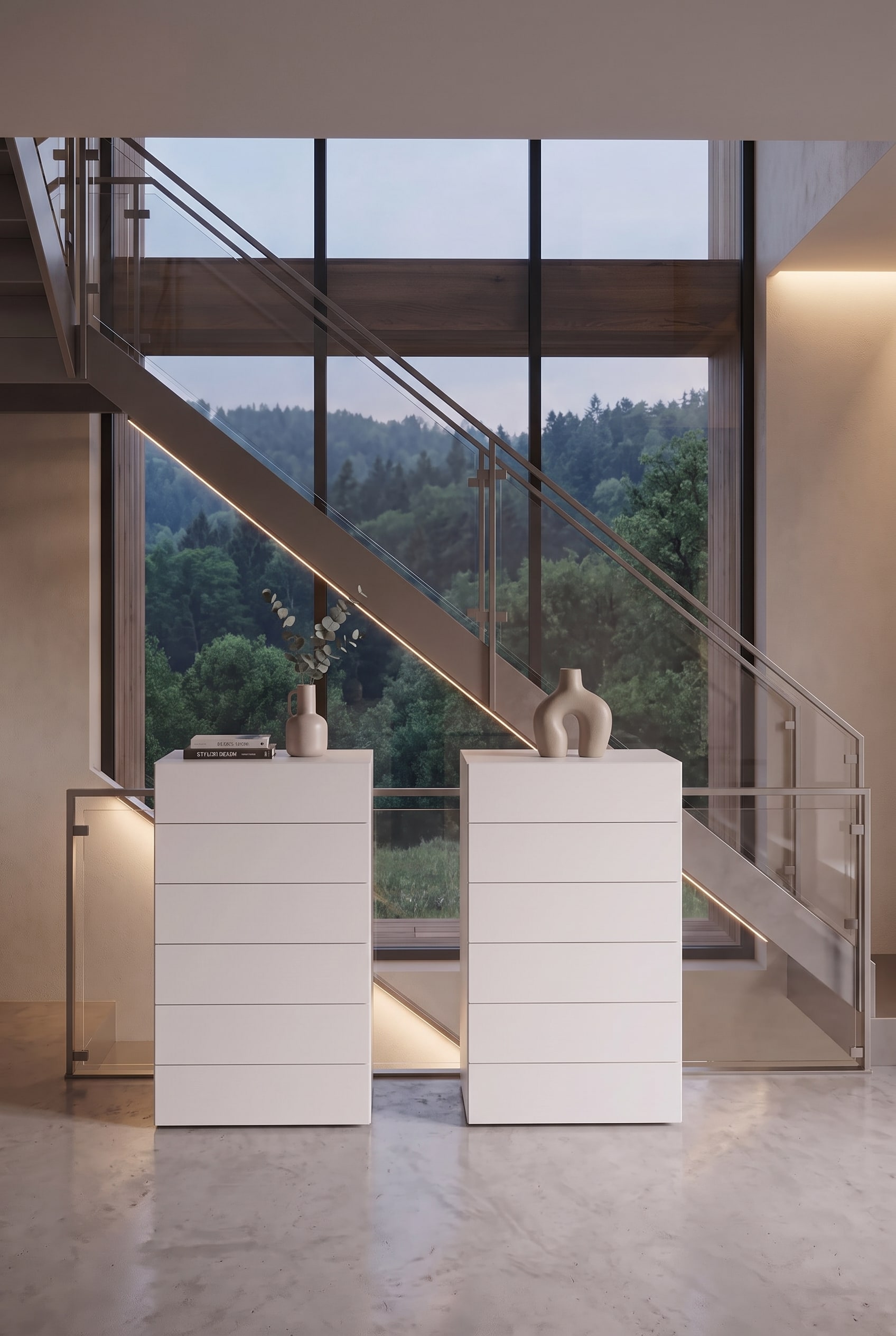 Frontal view of two white tall chests of drawers in a modern stairwell in front of a large panoramic window.