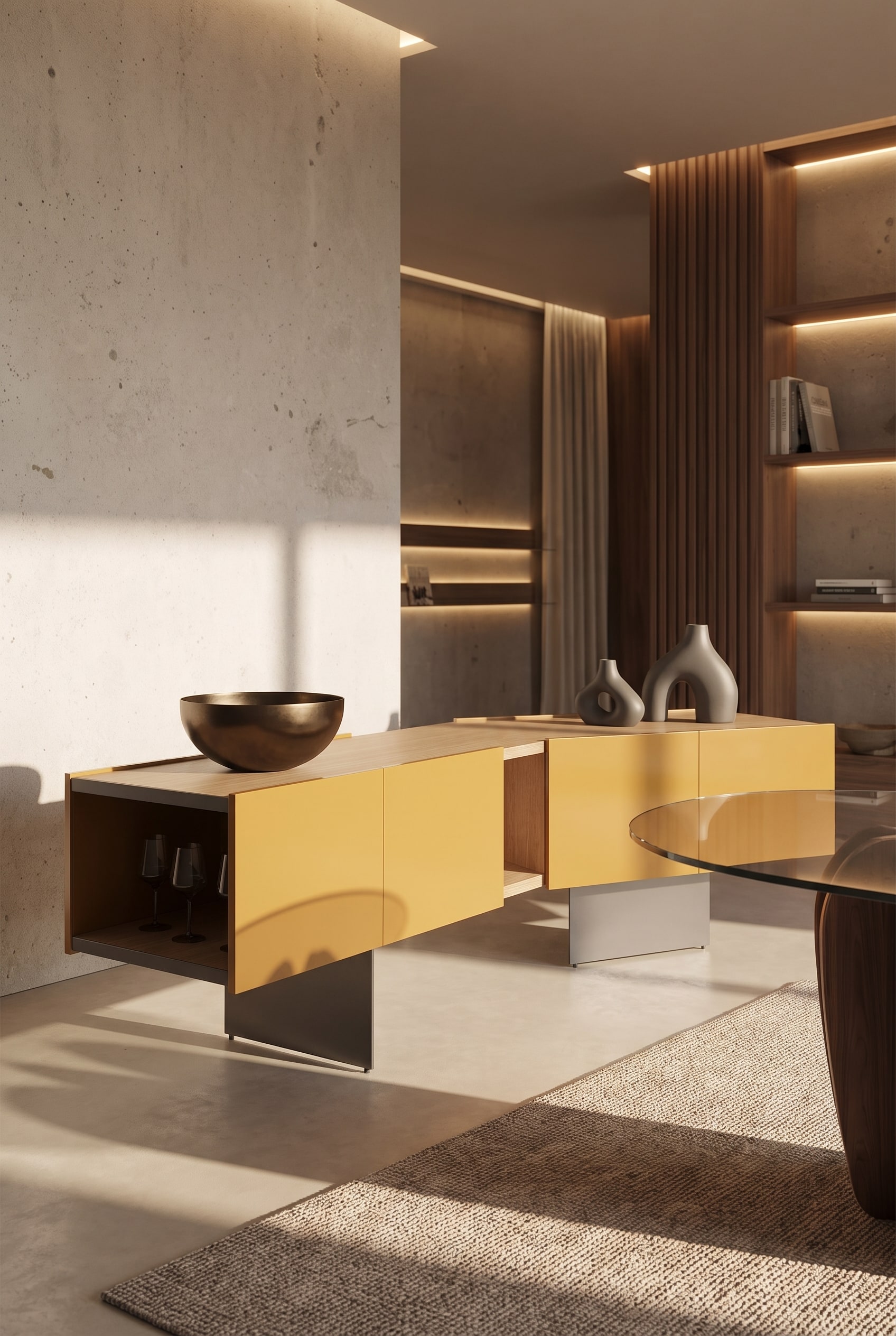 Minimalistisch dekoriertes Punt Toscana Firenze Sideboard mit großer asymmetrisch platzierter Bronze-Schale
