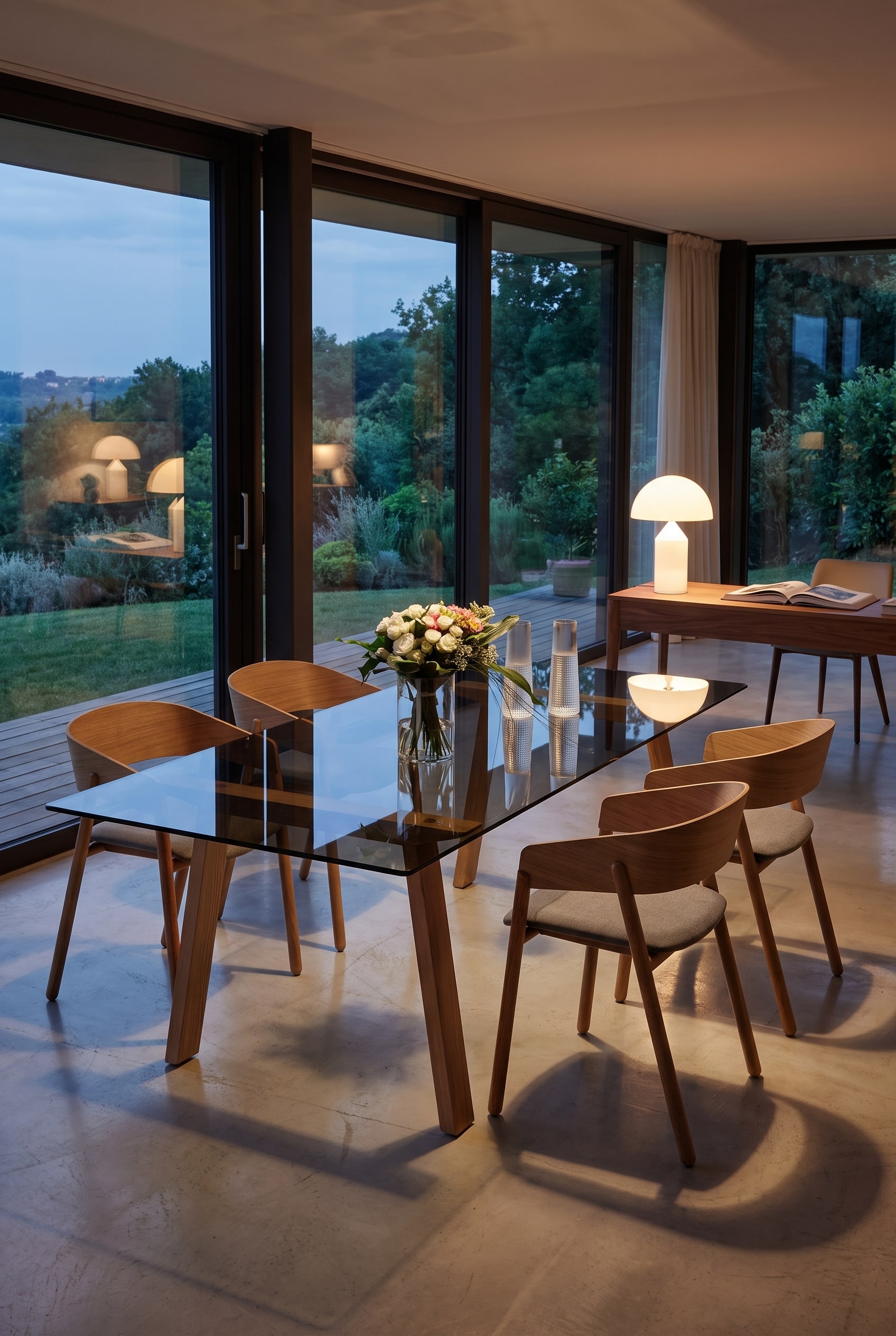 Lichtdurchflutetes Esszimmer mit einem filigranen Massivholzstuhl aus Eiche vor einer minimalistischen wei&szlig;en Wand