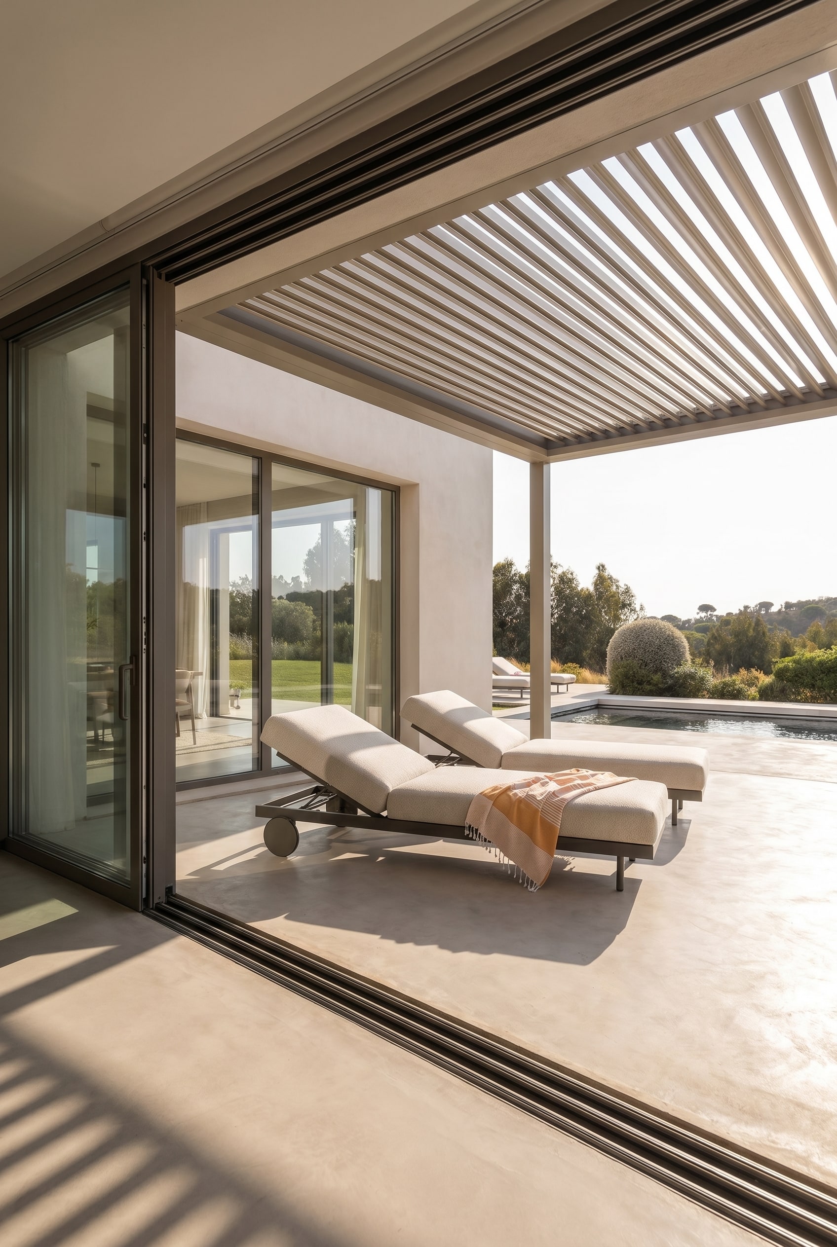 Überdachte Luxusterrasse mit offenen Schiebefenstern, bioklimatischem Lamellendach und der minimalistischen Todus Dongo Gartenliege in hellem Stoff