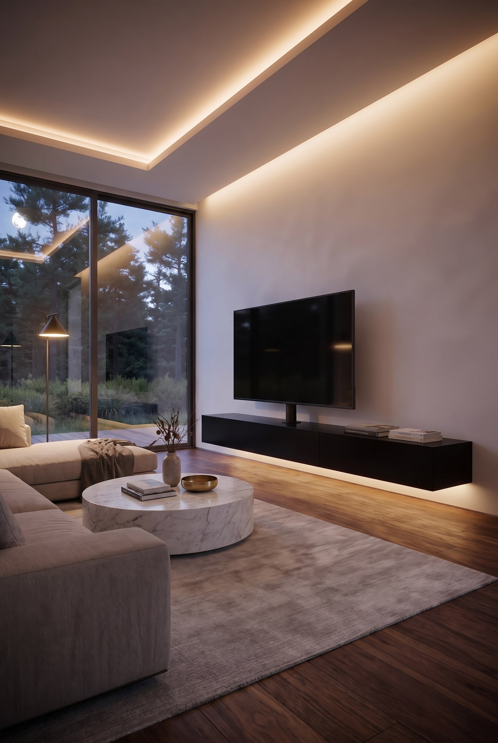Purist living room with a floating, anthracite lowboard, integrated TV mount, and wooden floor
