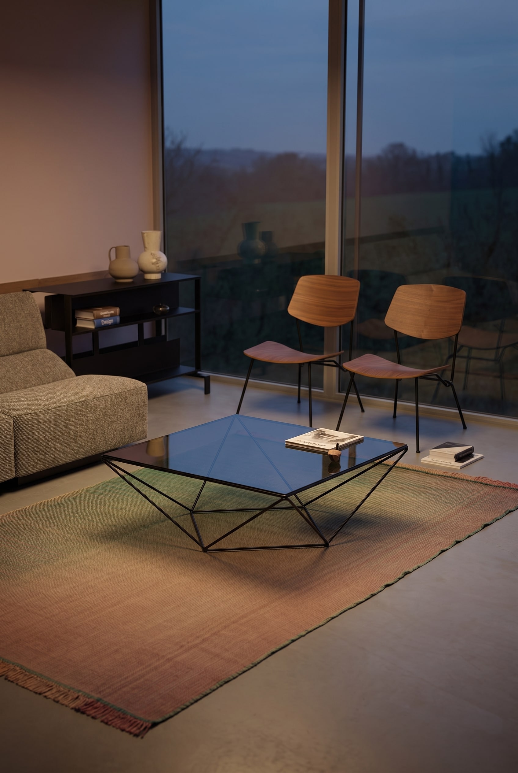 Modern living room with a coffee table with a thick top that seemingly floats above the carpet thanks to a deep black lacquered, strongly recessed base.