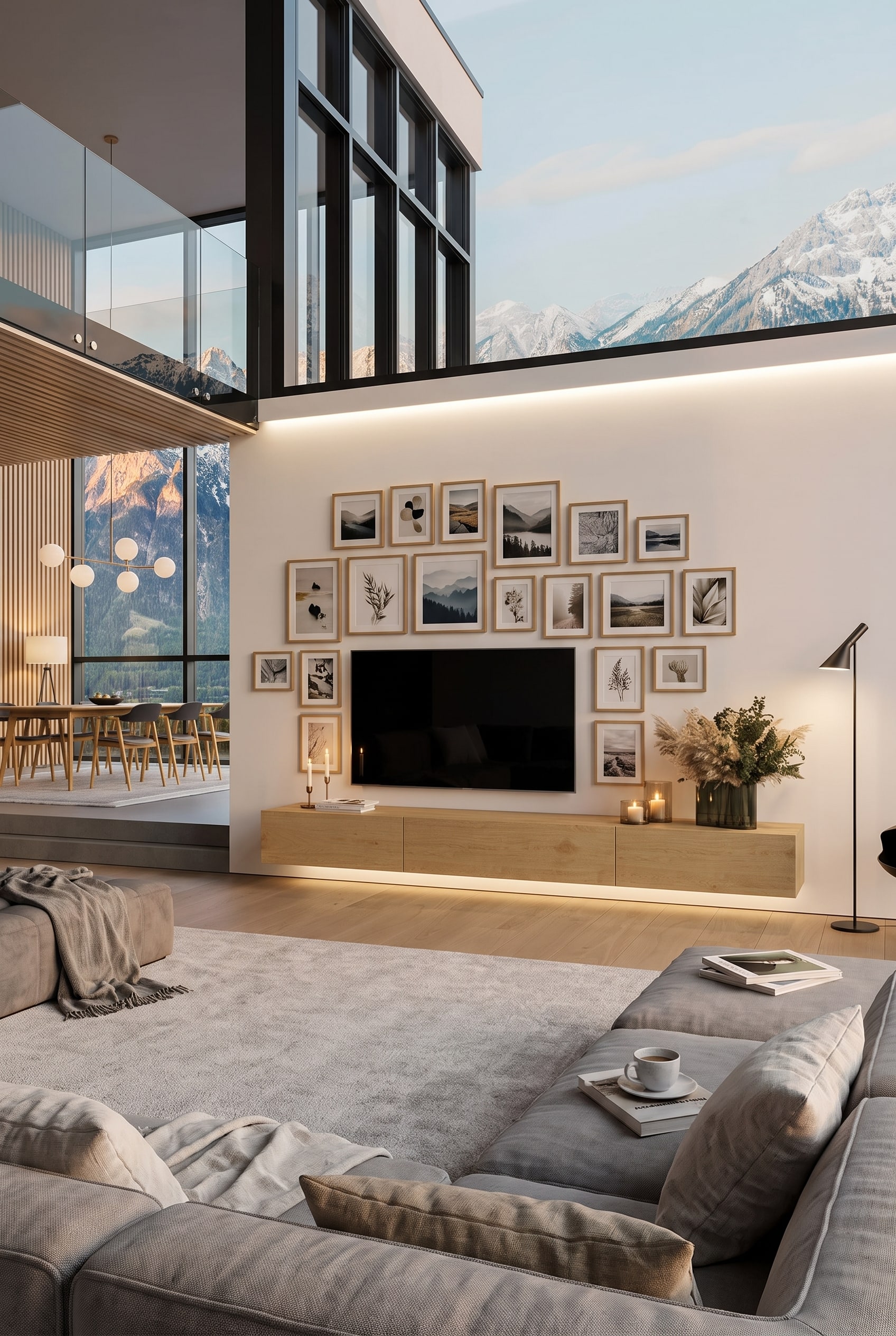 Wall-mounted wooden lowboard in Scandinavian design provides visual lightness in the living room