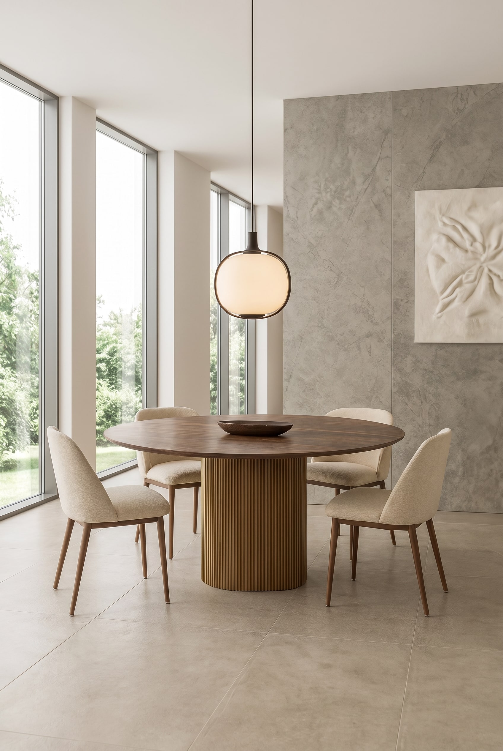 Elegantes Esszimmer mit rundem Holztisch, geriffeltem S&auml;ulenfu&szlig; und modernen Polsterst&uuml;hlen