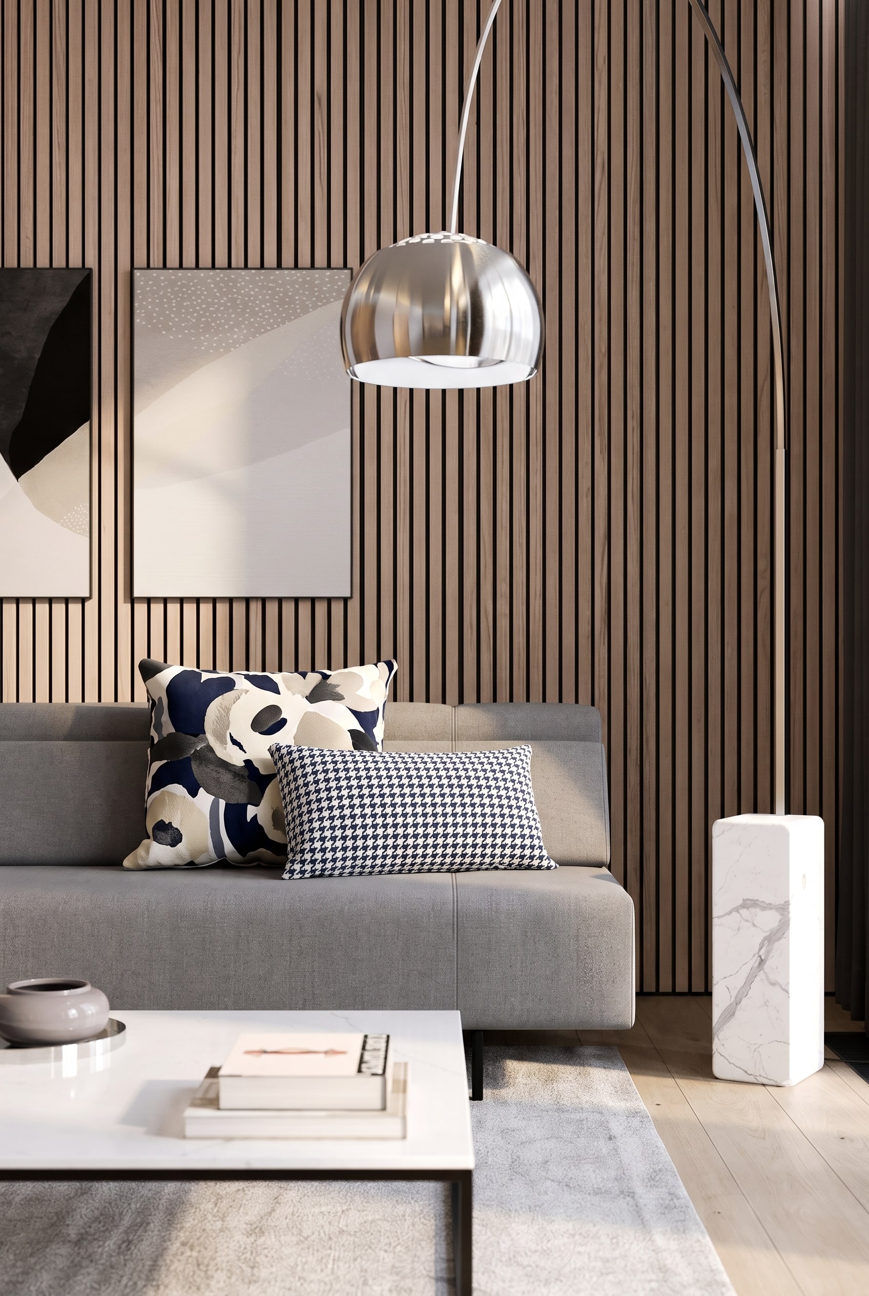 Prostoria Sofa Bed Pil-low in a modern living room decorated with an elegant combination of floral and geometric sofa cushions