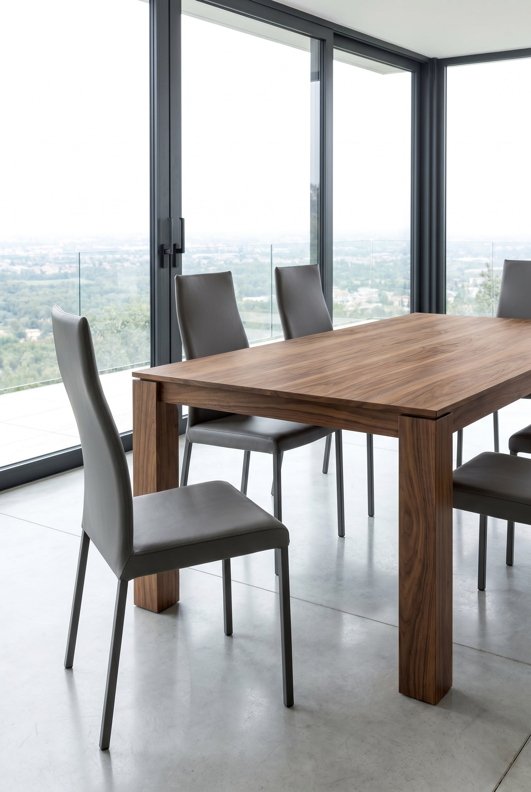 Modernes Esszimmer mit Ozzio Blitz Stühlen mit grauer Lederrückenlehne an einem massiven Holztisch