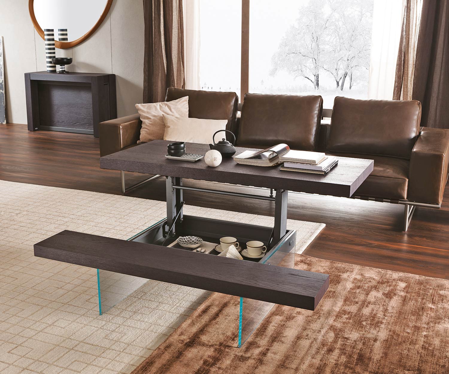 design couchtisch eiche braun glasfuss schwebend hoehenverstellbarAL2