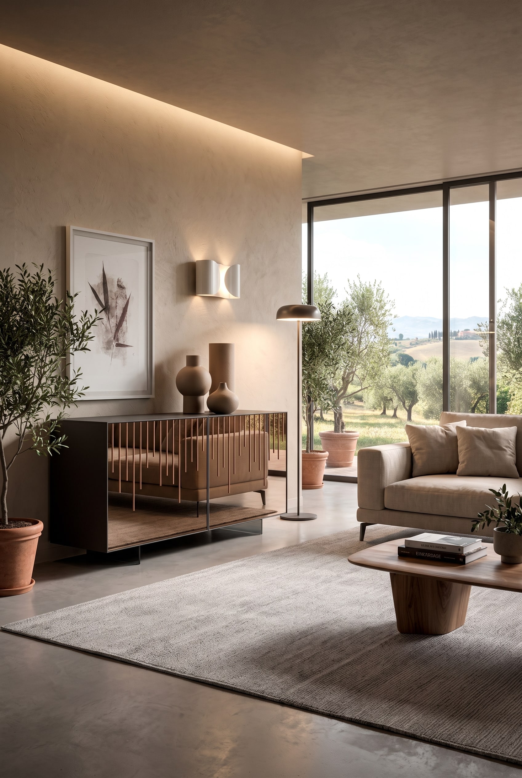 Ozzio Spiegelglas Sideboard Rain dekoriert mit handgefertigten, matten Keramikvasen für einen taktilen Bruch