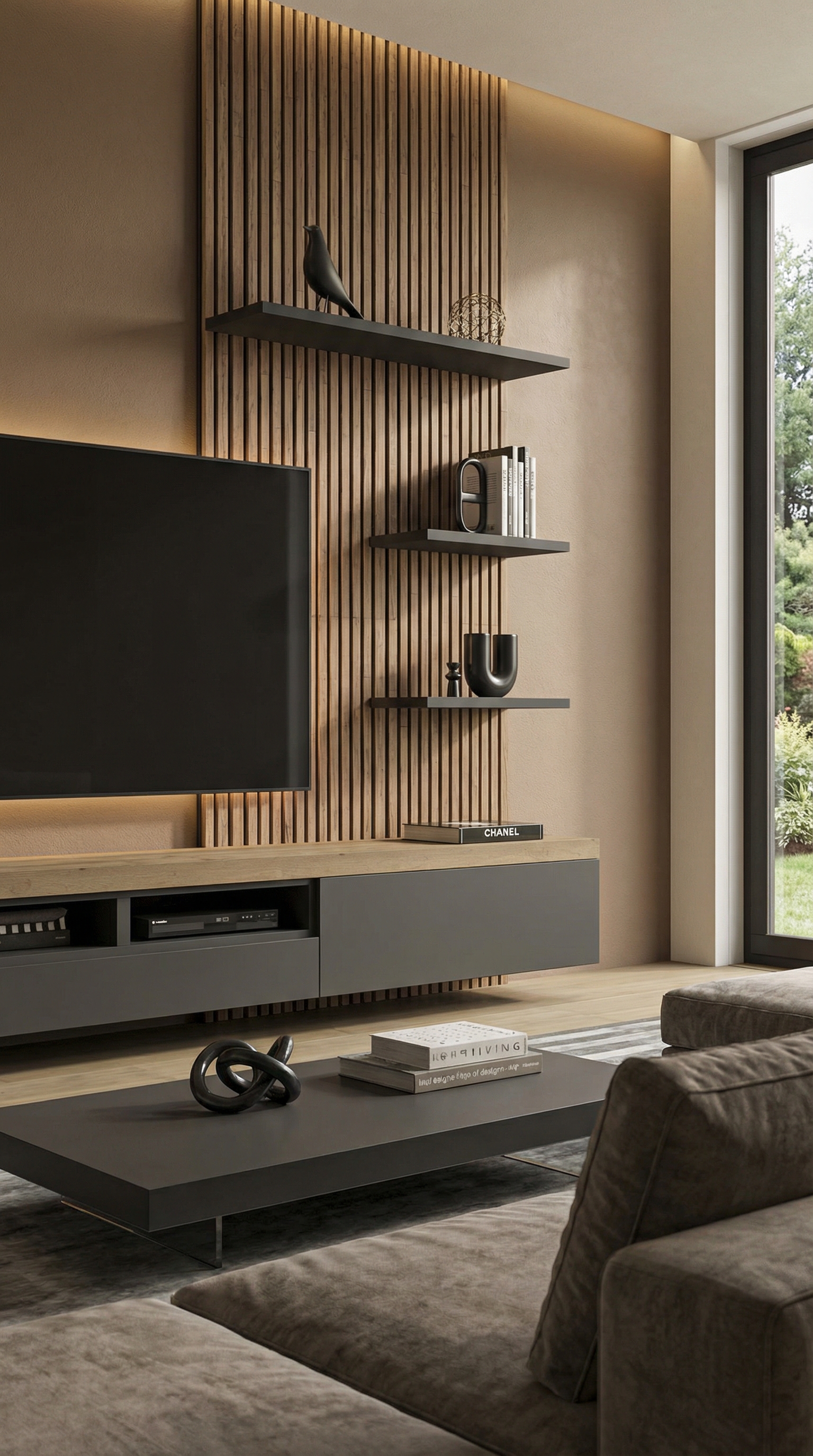 wohnwand-mit-holzlamellen-vor-brauner-wandfarbe-macchiato-trend-2026 wohnwand-mit-holzlamellen-vor-brauner-wandfarbe-macchiato-trend-2026