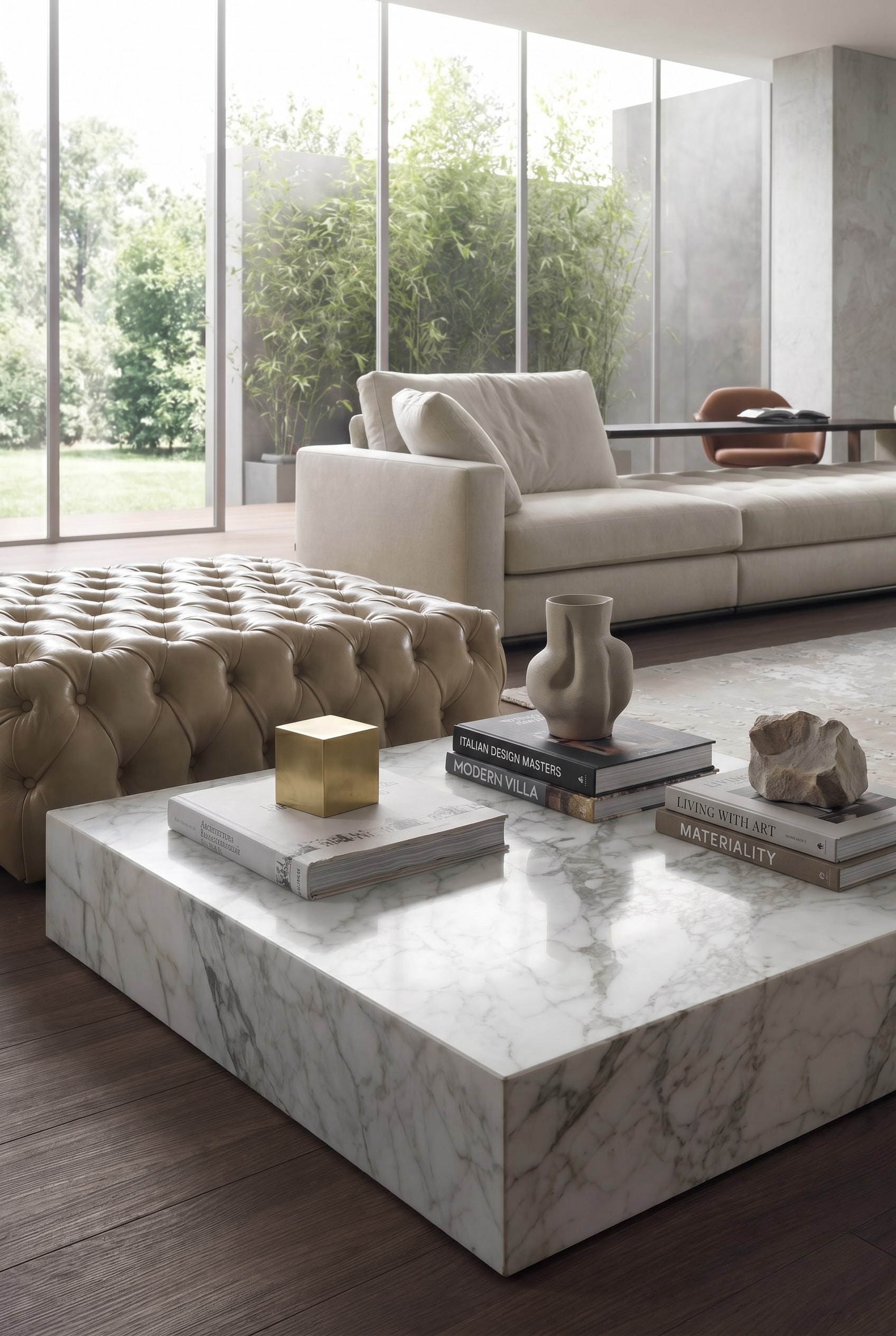 Wohnzimmer mit massivem, blockartigem Marmor-Couchtisch, asymmetrisch dekoriert mit einem gro&szlig;en A3-Bildband und einem Messing-Briefbeschwerer
