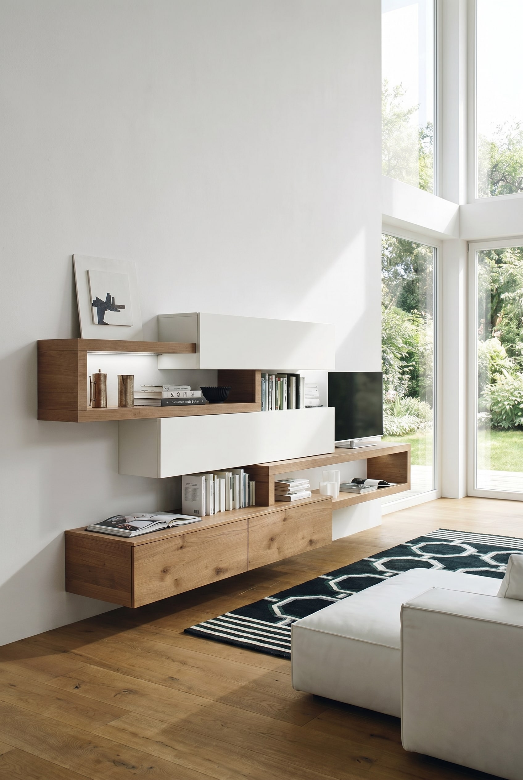 Floating wall unit in modern country style with light oak and white elements in spring light
