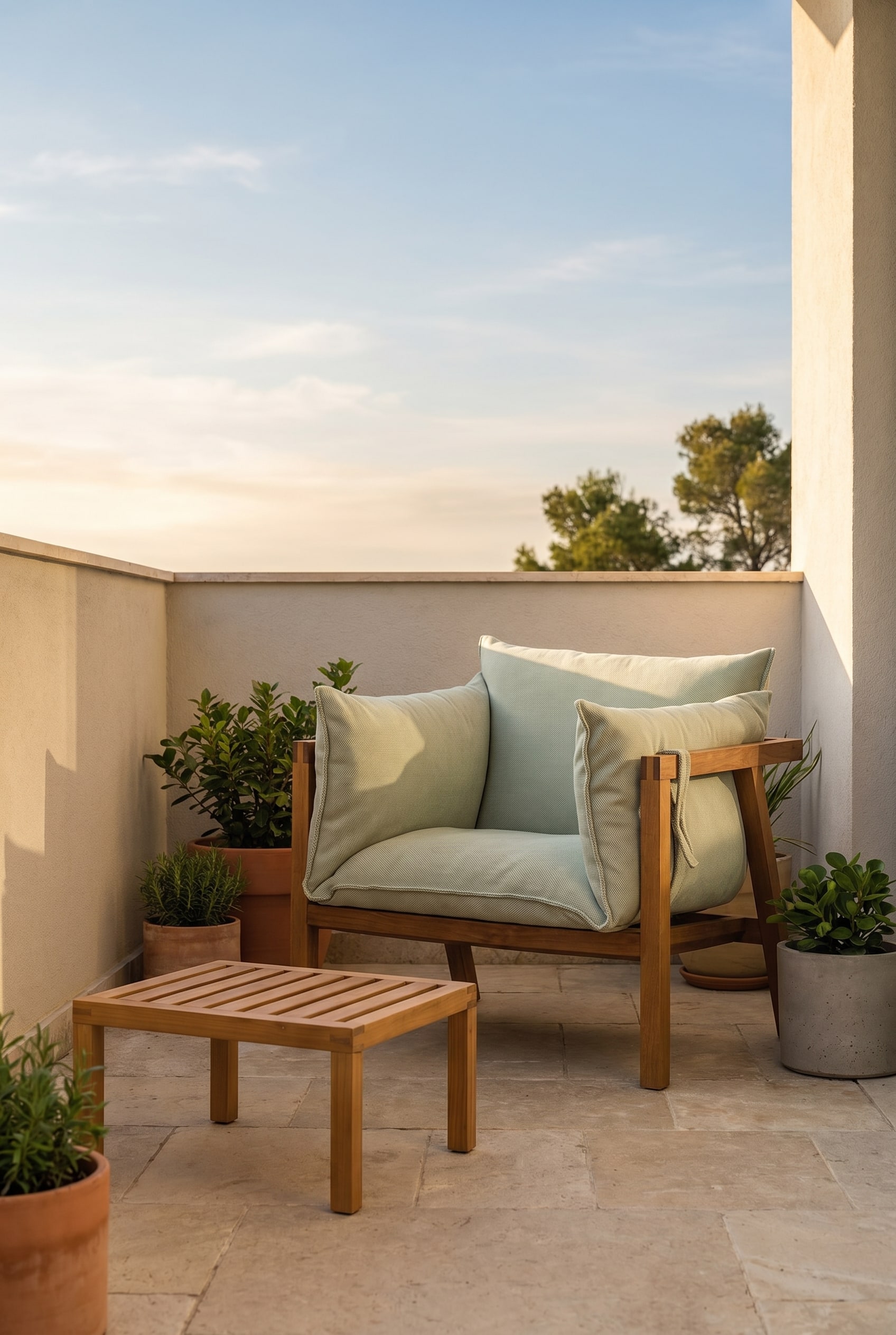 Small balcony with wooden frame lounge chair and deep cushions in light green on natural stone flooring