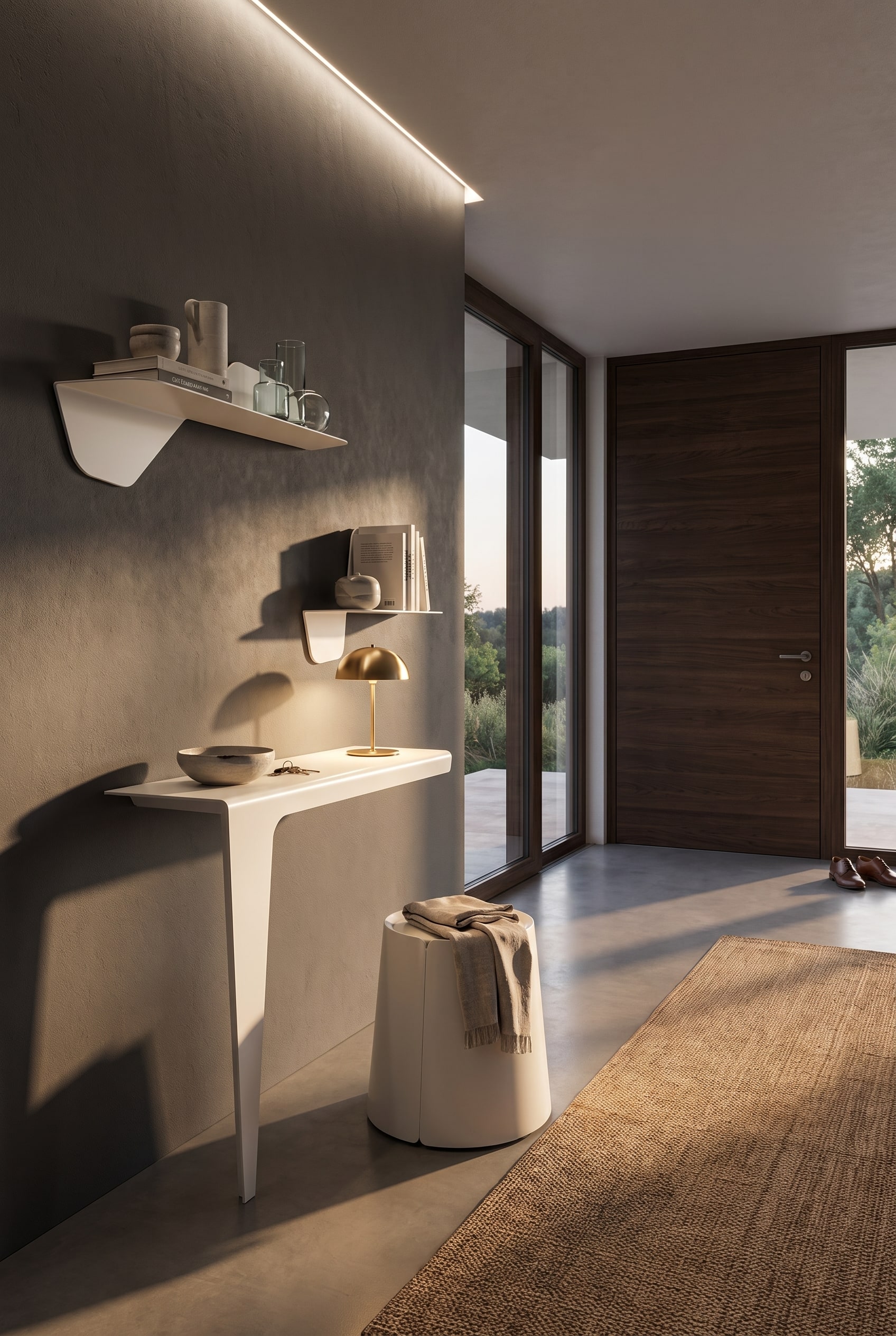 Entrance area with a white geometric console, equipped with a ceramic bowl and a small table lamp