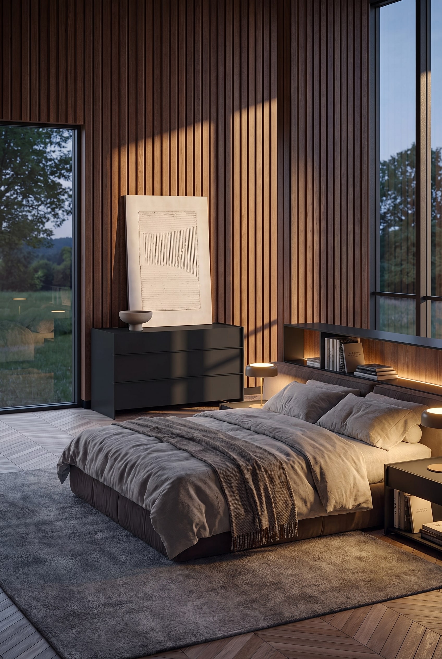 Capo d'Opera Groove Dresser with vertically milled fronts in the grazing light of a modern bedroom