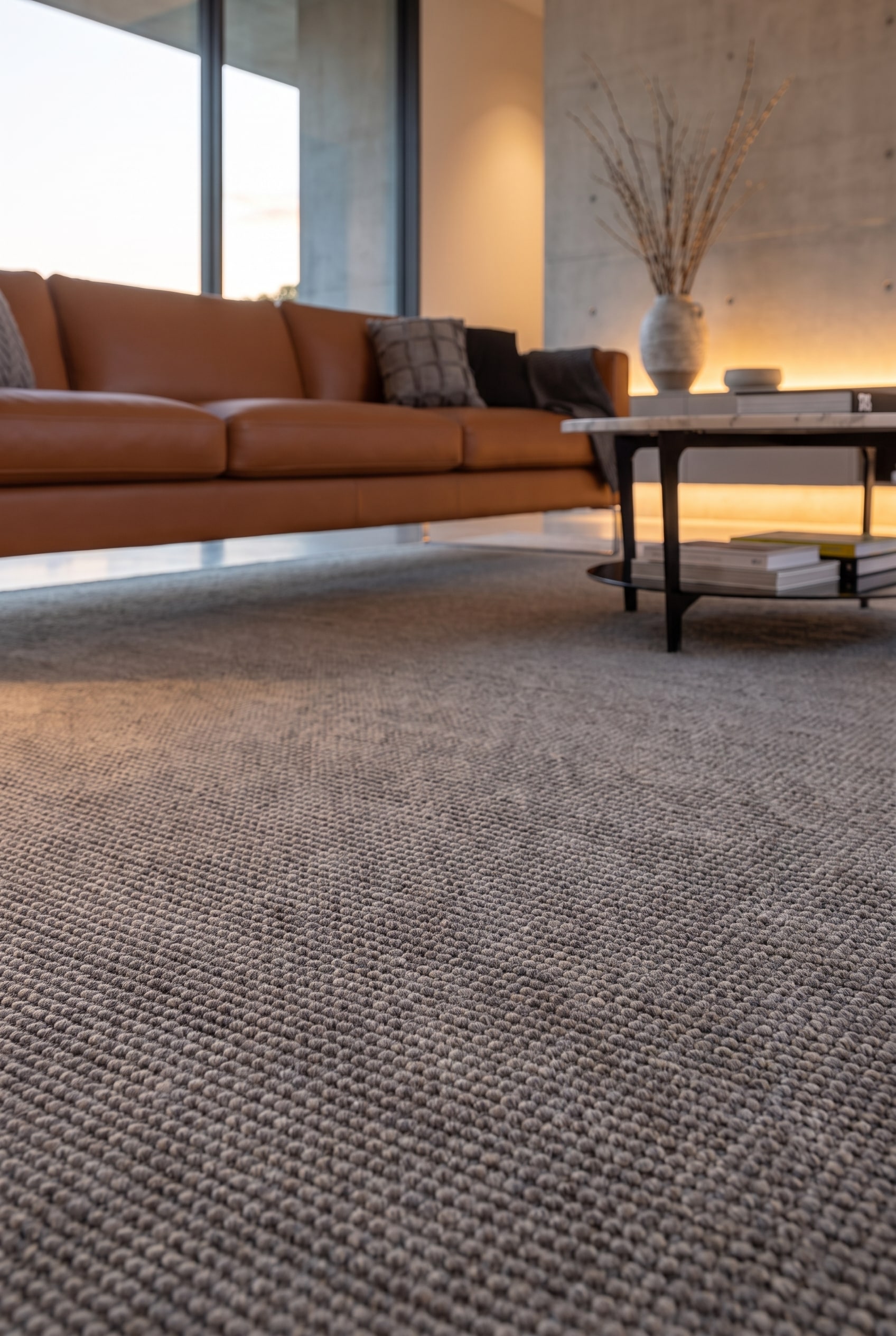 Nahaufnahme der filigranen Sofabeine eines braunen Ledersofas, die stabil auf einem grauen Flachgewebe-Teppich im Wohnzimmer stehen.