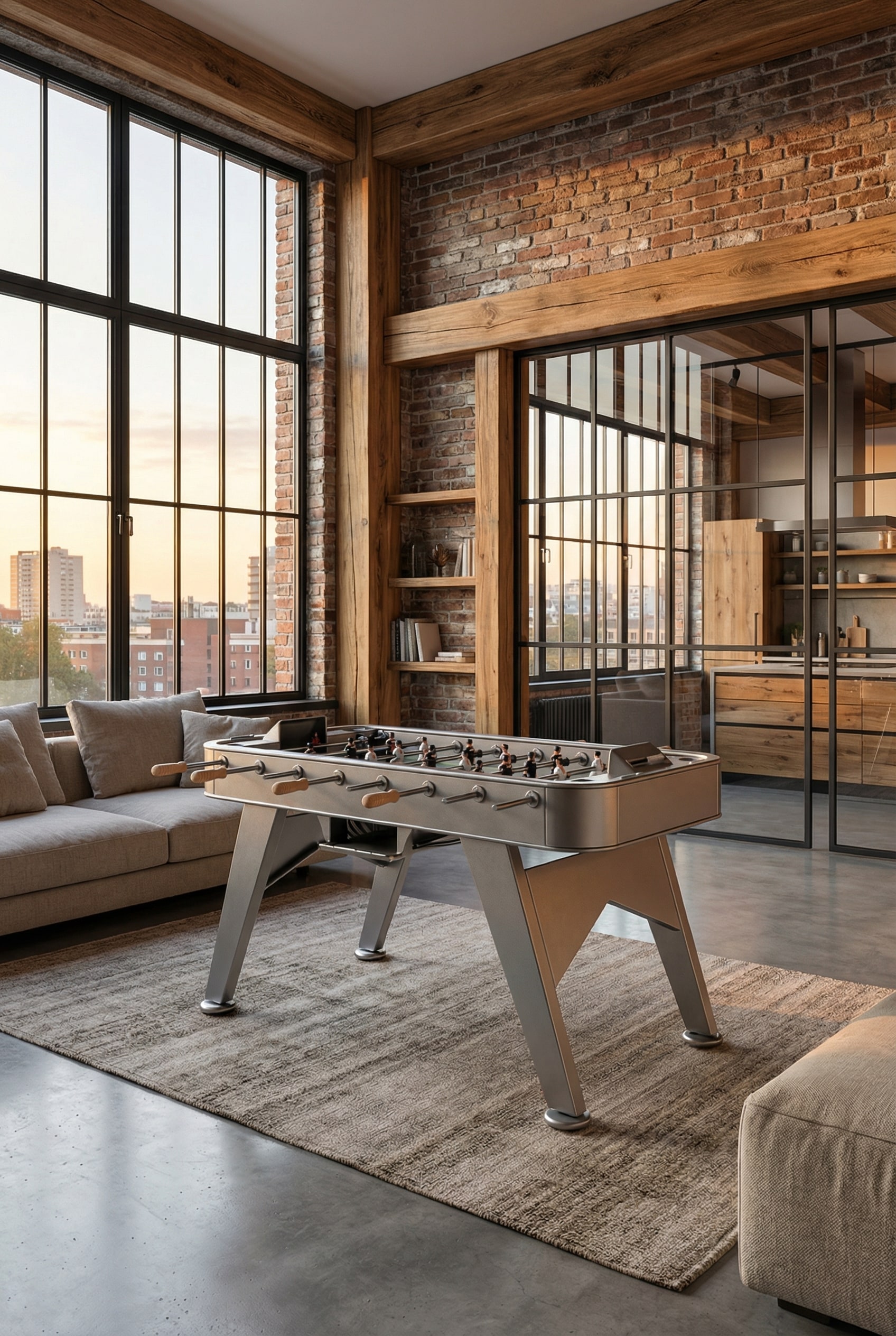 Robuster Edelstahl Tischkicker in einem stilvollen Industrie-Loft mit Sichtmauerwerk und gro&szlig;en Fabrikfenstern.