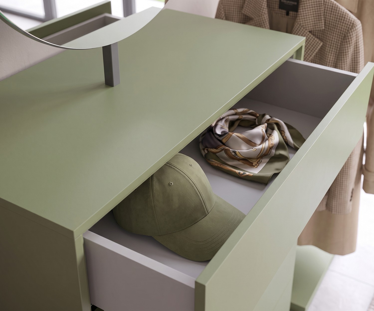 Grüne Design-Kommode Easy 9 mit geöffneter Schublade Design-Kommode Novamobili Easy 9: Geöffnete grüne Schublade für Accessoires wie Schals im Flur oder Schlafzimmer.