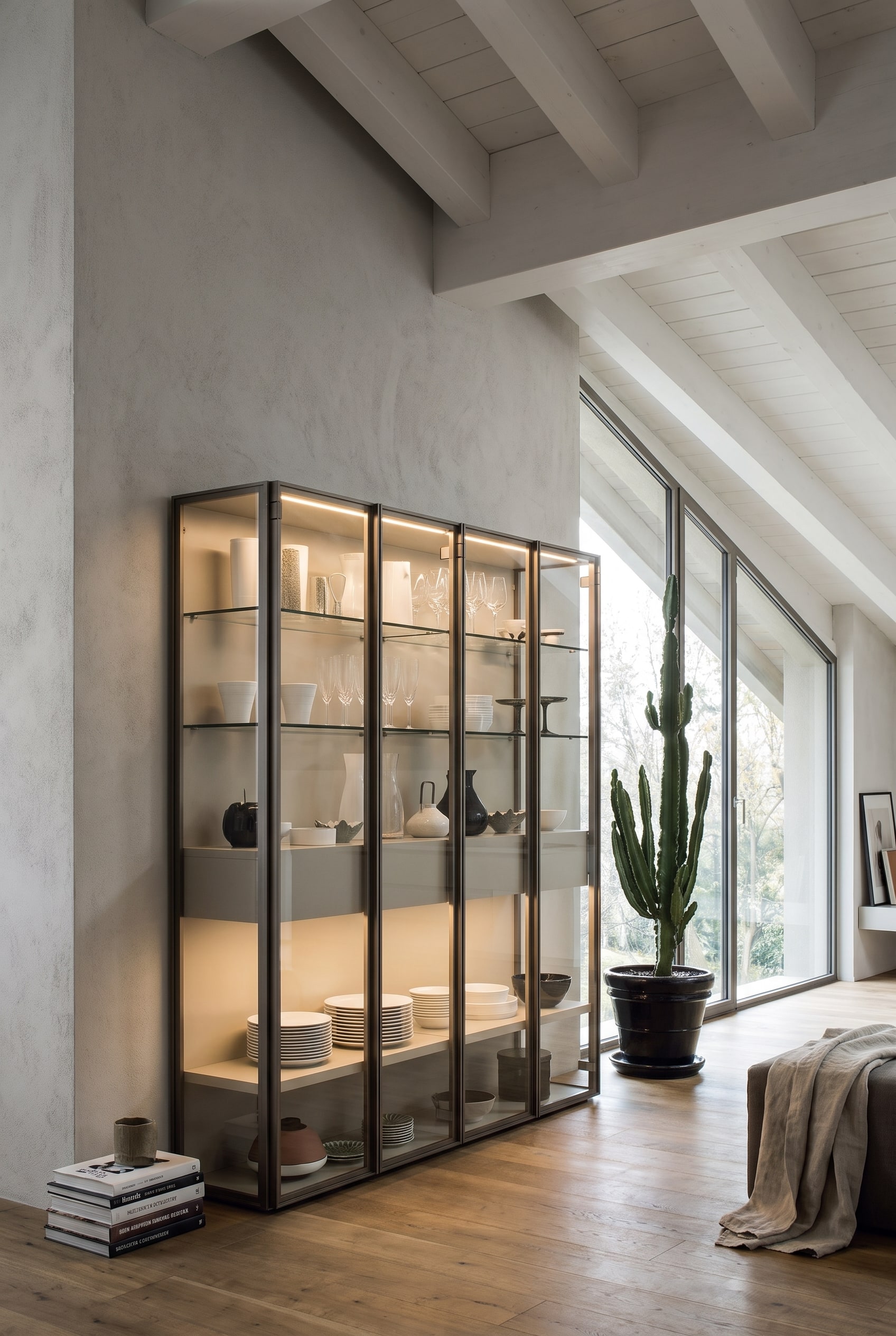 Display cabinet with bronze-colored glass doors in the attic, reflecting natural light