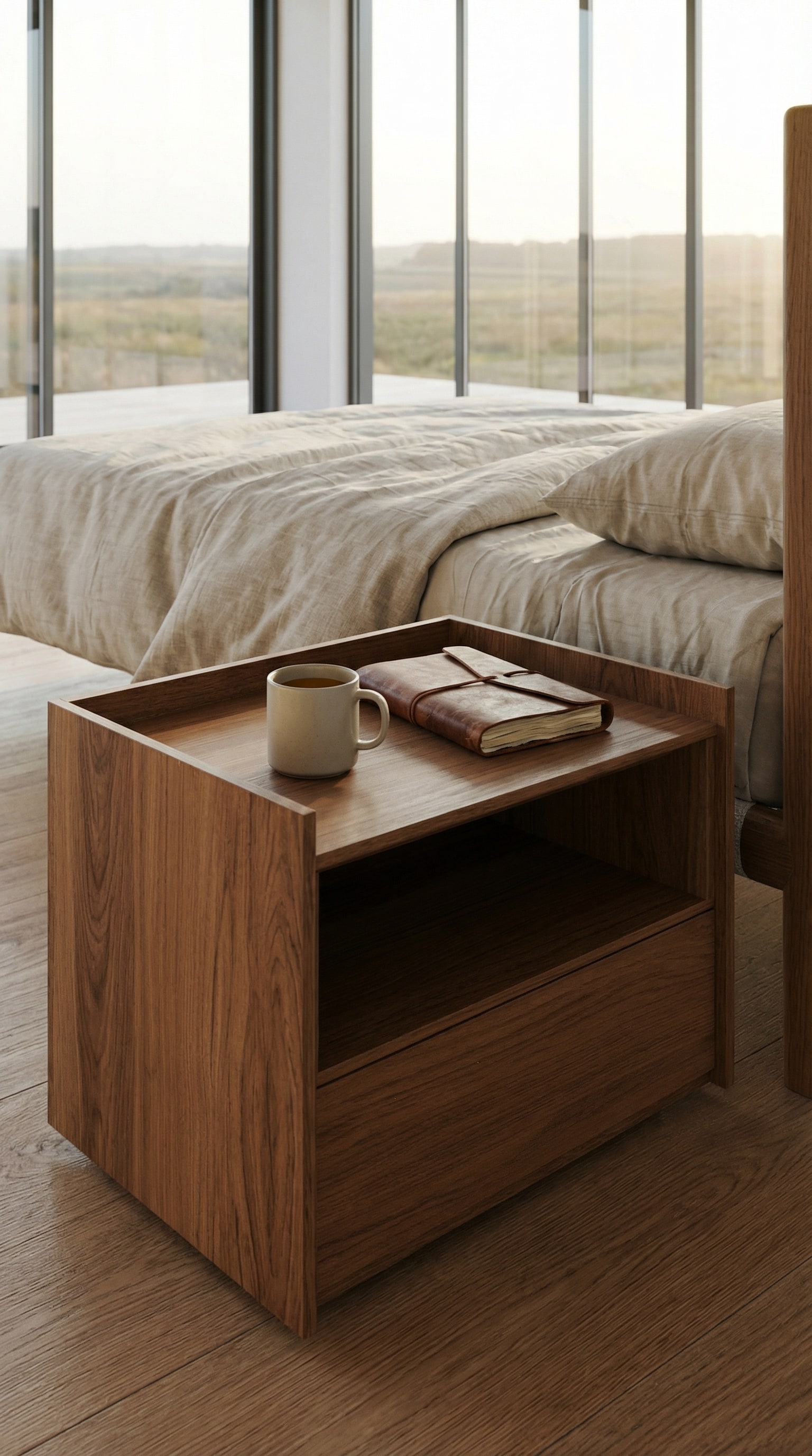 Ein warmer Novamobili Nachttisch aus Holz in einem modernen Schlafzimmer ohne Technik
