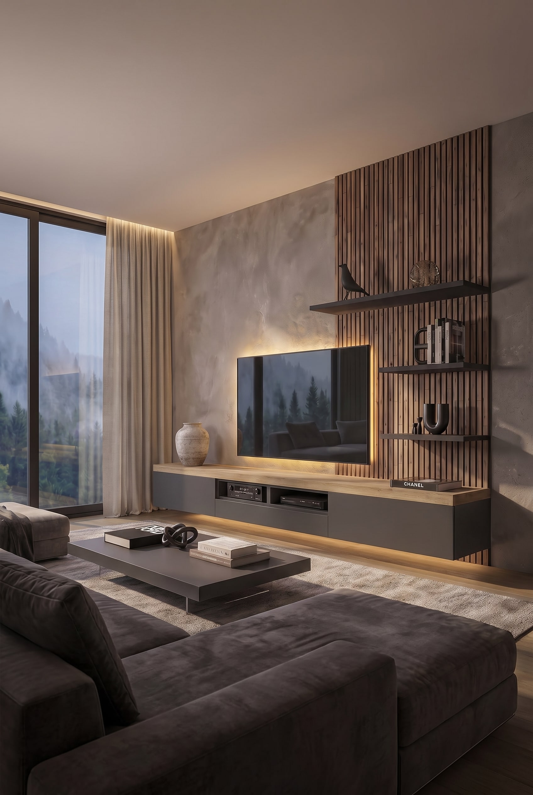 Living room in Quiet Luxury style with a floating, greige lowboard, unglazed ceramic vase, and linen curtains