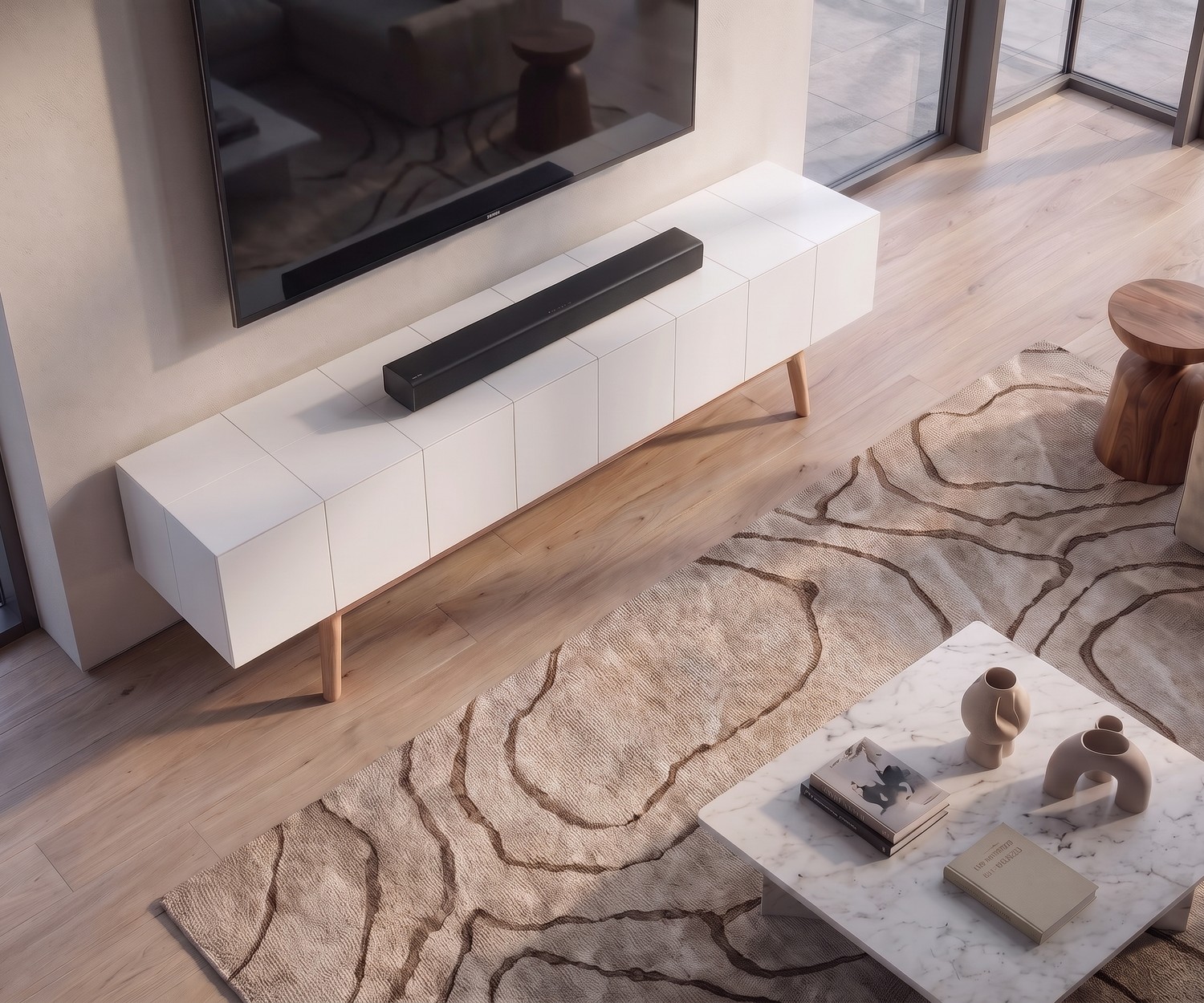 TV Lowboard al2 MOS-I-KO 005 B für das Wohnzimmer in Weiß mit Holzbeinen im modernen Retro-Stil.