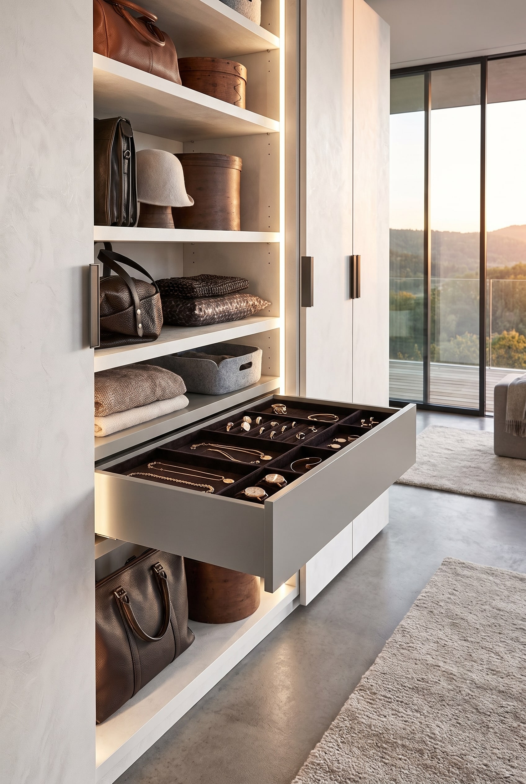 Opened flat accessory drawer in a wardrobe with precisely divided velvet compartments for rings and bracelets.