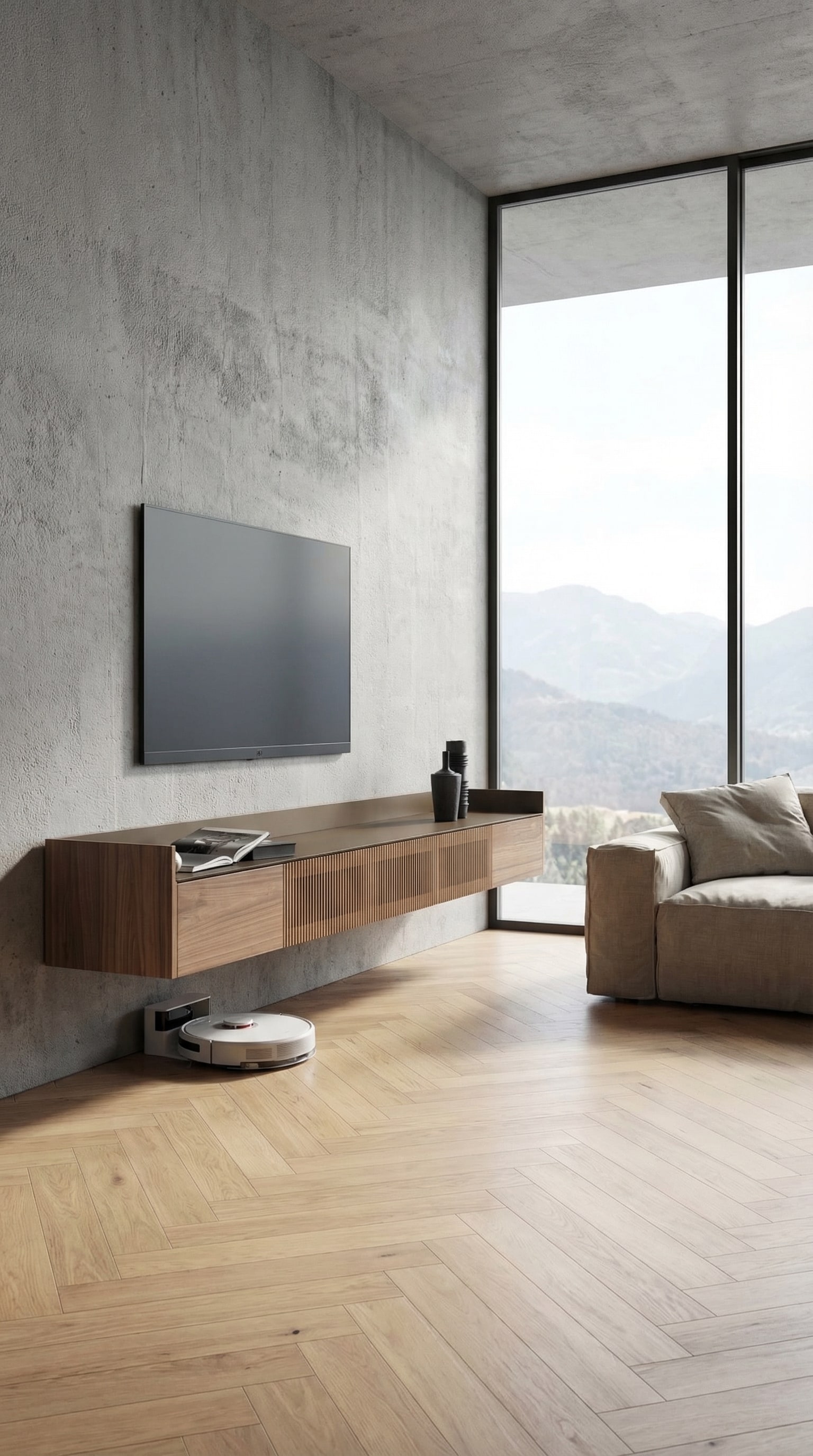 Ein schwebendes Wand-Sideboard in einem modernen Wohnzimmer mit viel Bodenfreiheit