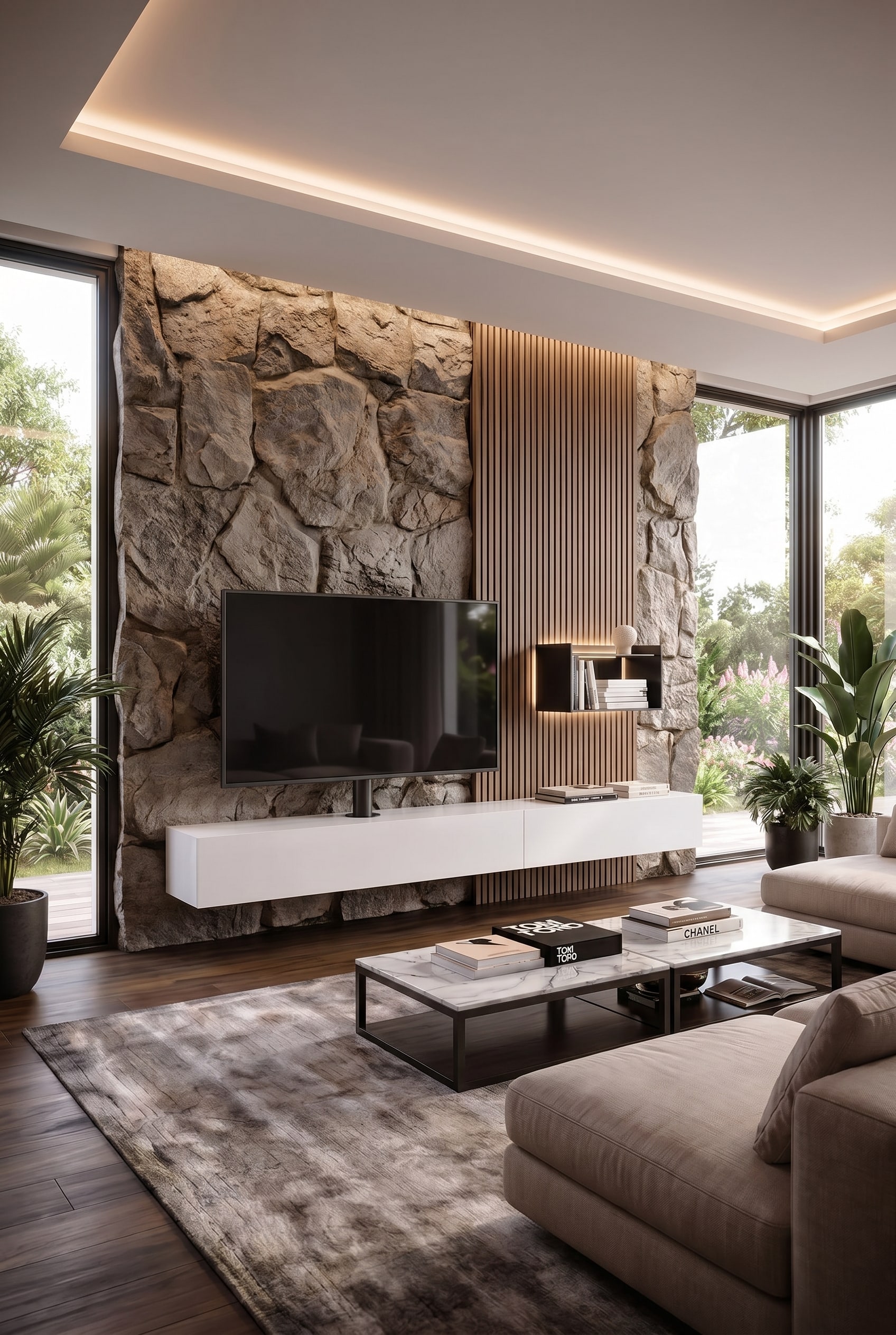 Modernes Wohnzimmer mit schwebendem Lowboard und integrierter TV-Halterung