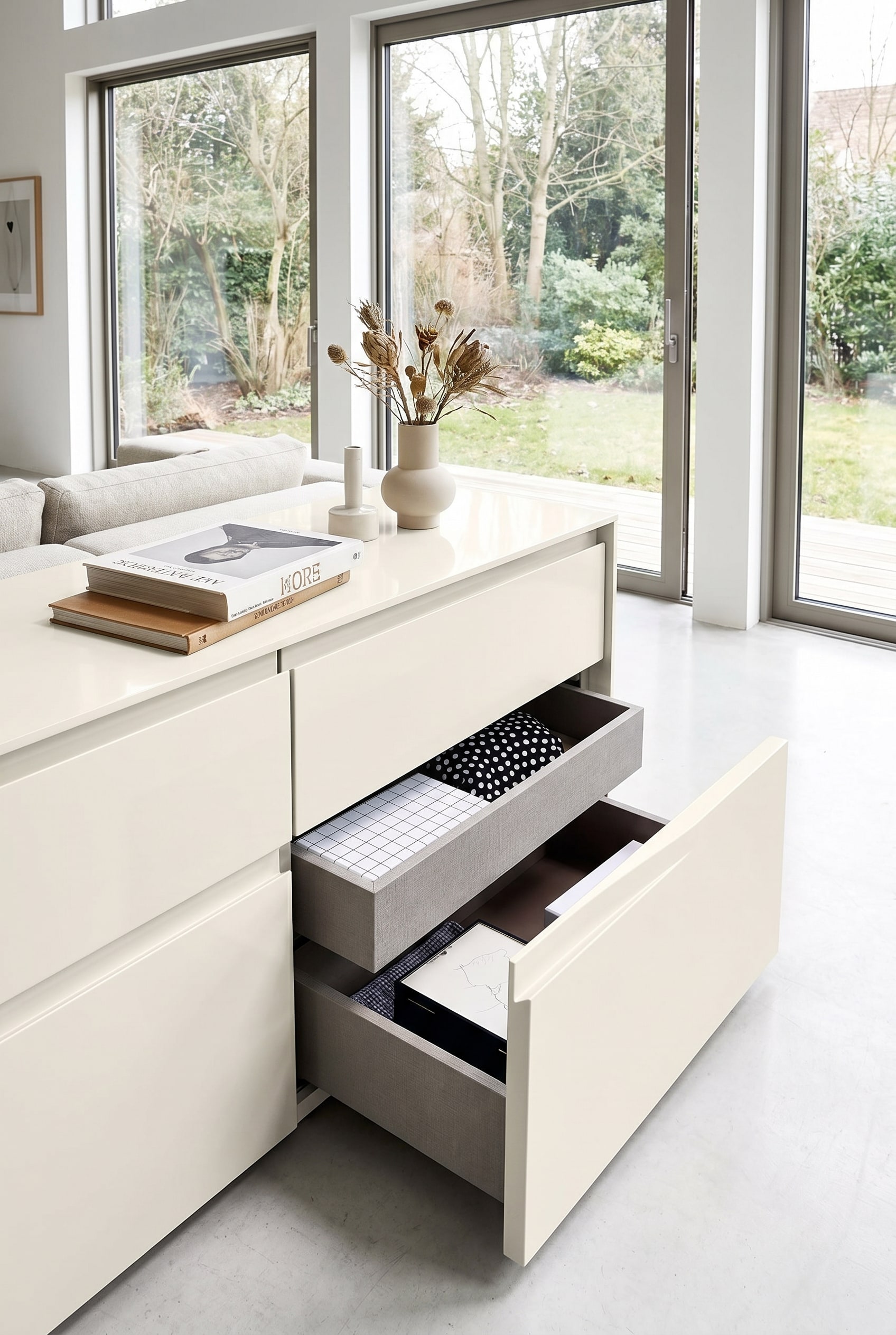 Modernes Wohnzimmer mit extrabreiter Kommode in glänzendem Lack