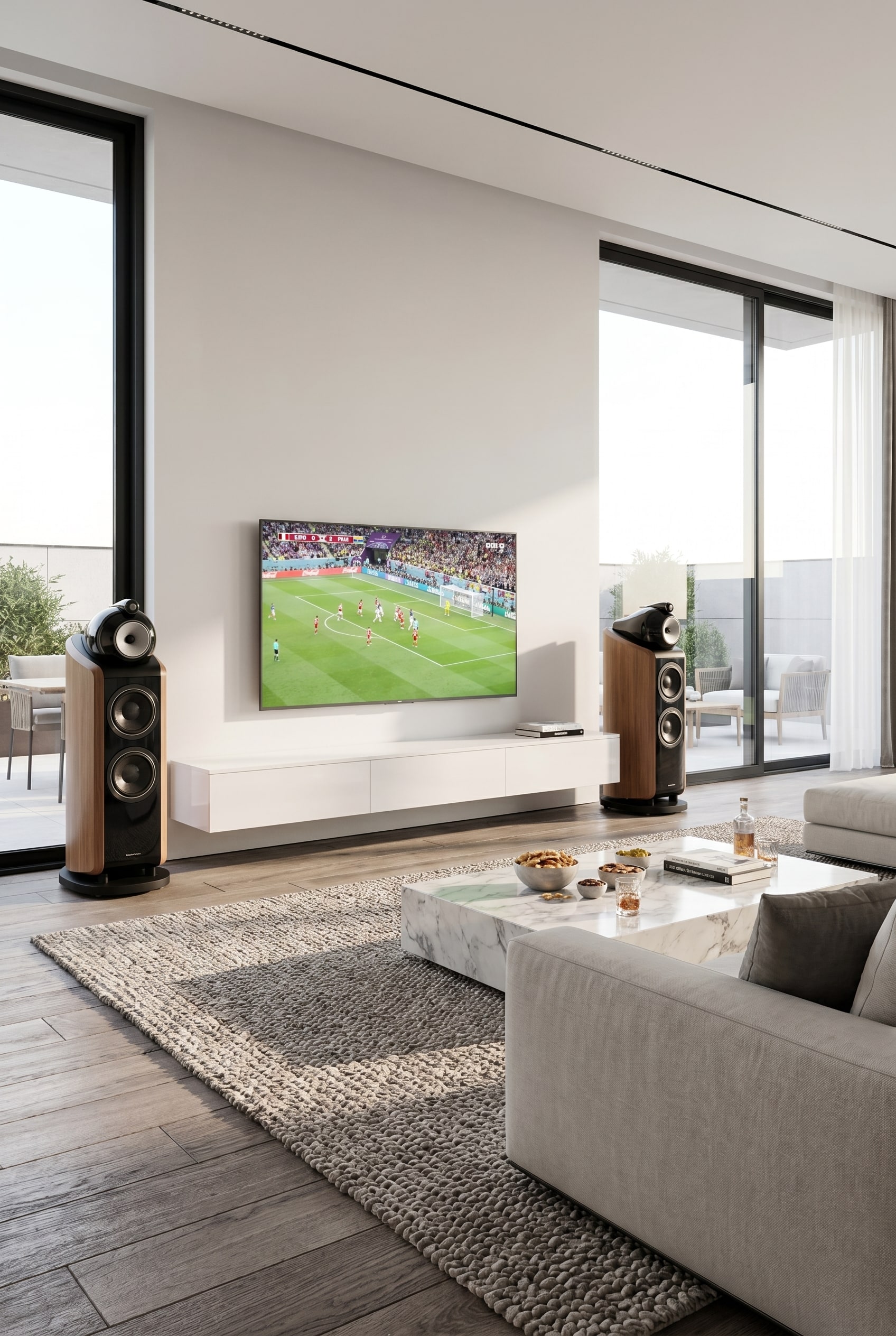 Living room with a wall-mounted, floating lowboard in the center, framed by two large floor-standing speakers and a heavy rug