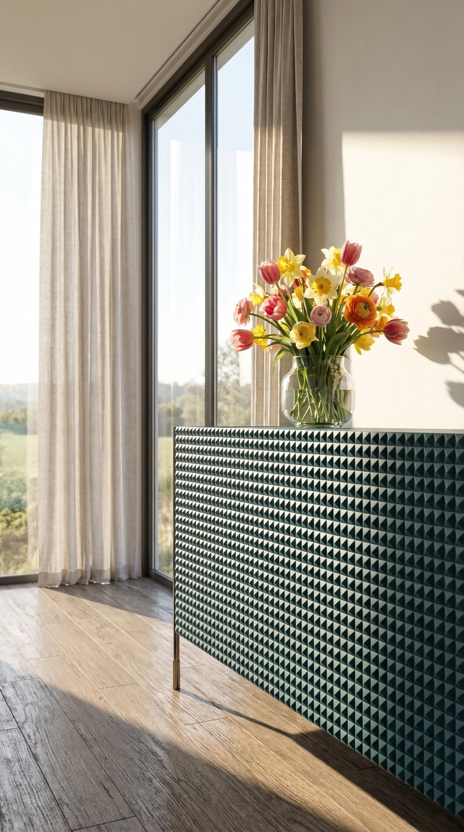 Modernes Wohnzimmer im Fr&uuml;hling mit einem t&uuml;rkisfarbenen Sideboard mit 3D-Pyramidenstruktur vor gro&szlig;en Fenstern.