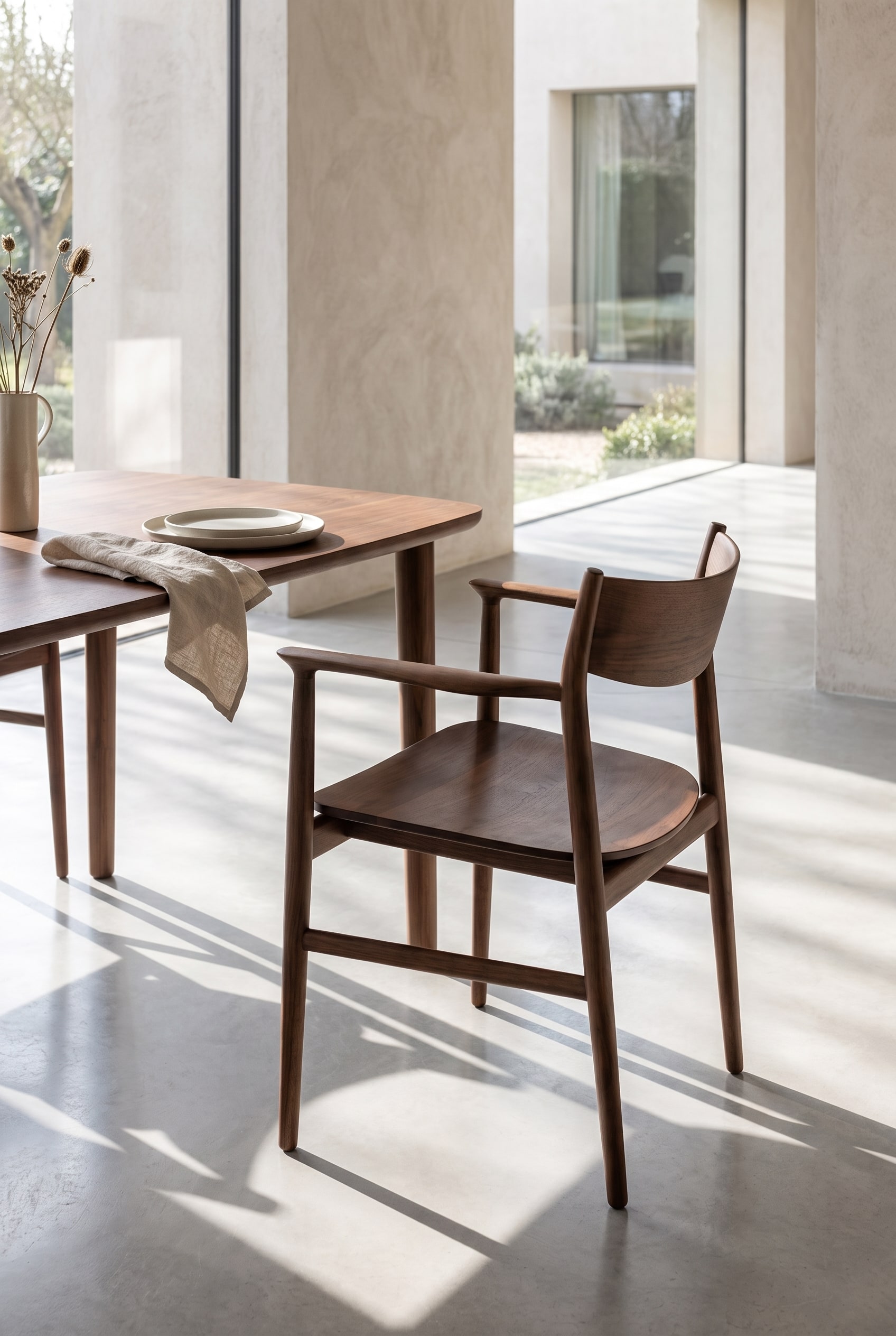 Detailed view in the dining room with an elegant walnut wood chair with flowing armrests at a dark wooden table.