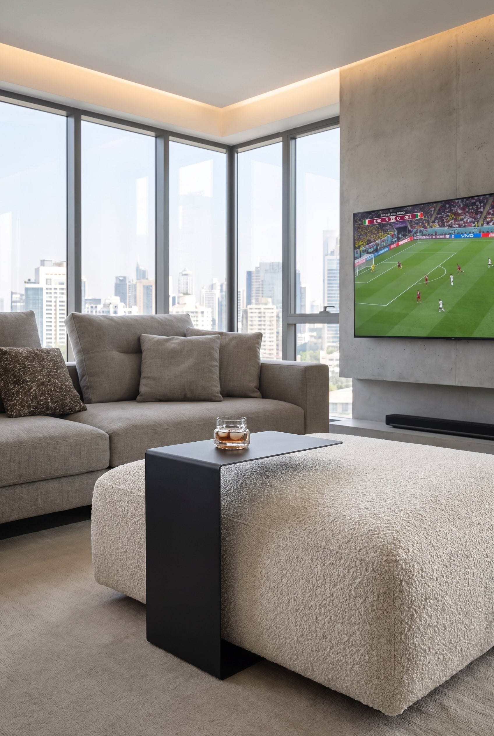 Marelli Mini Sofa Beistelltisch an einem Leder-Sofa in einem modernen Wohnzimmer