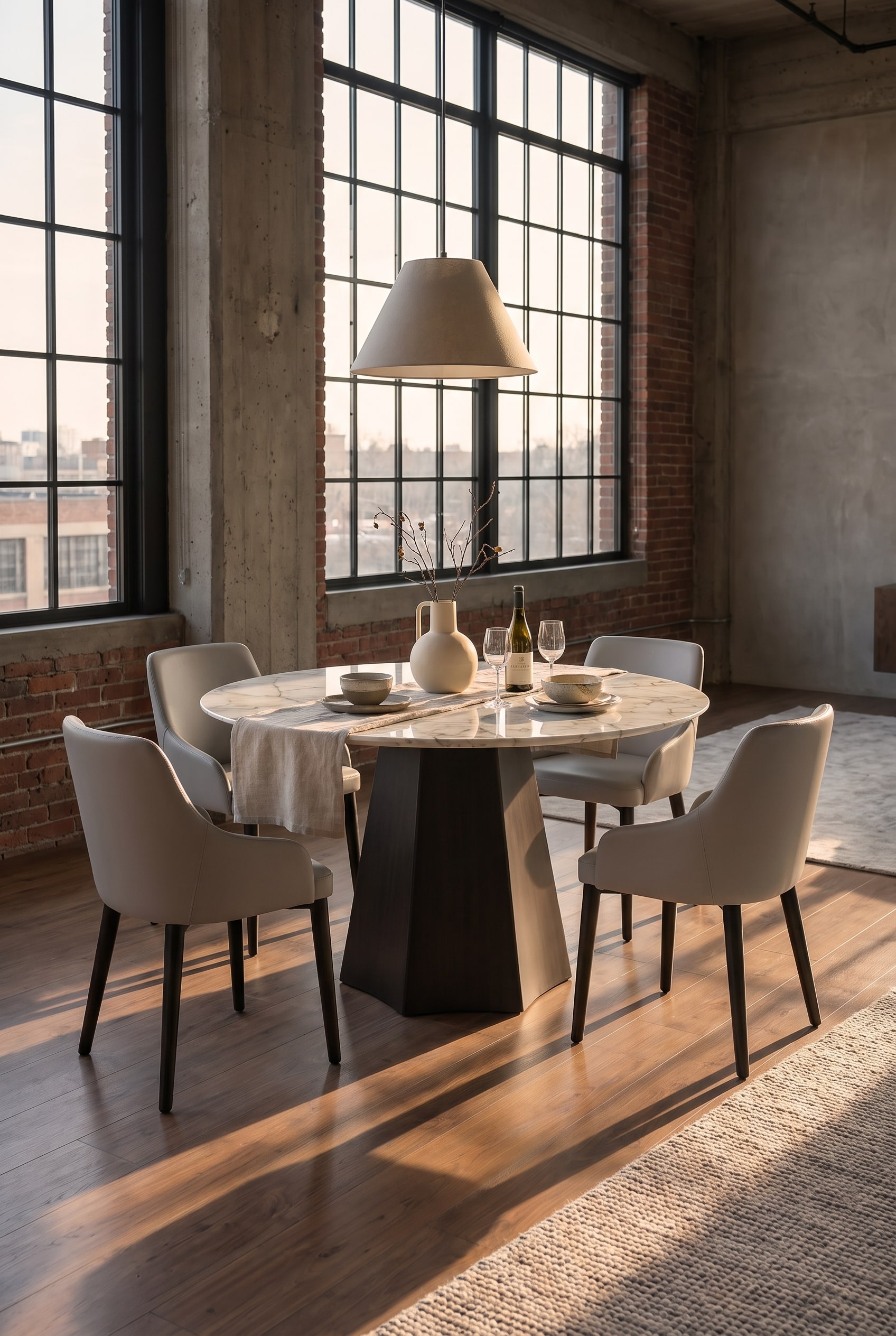 Dining area in a loft with a dining table with a faceted base and ceramic top, surrounded by gray chairs