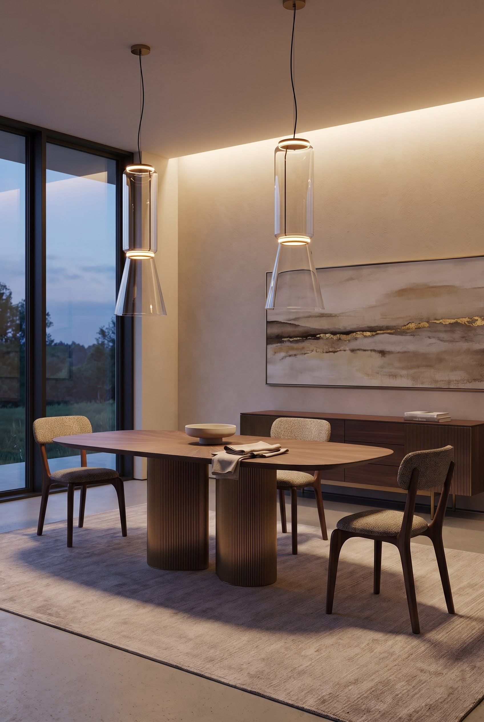 Weitl&auml;ufiges Esszimmer mit rechteckigem Holz-Esstisch auf geriffeltem Metallsockel und breitem Panoramabild an der Wand