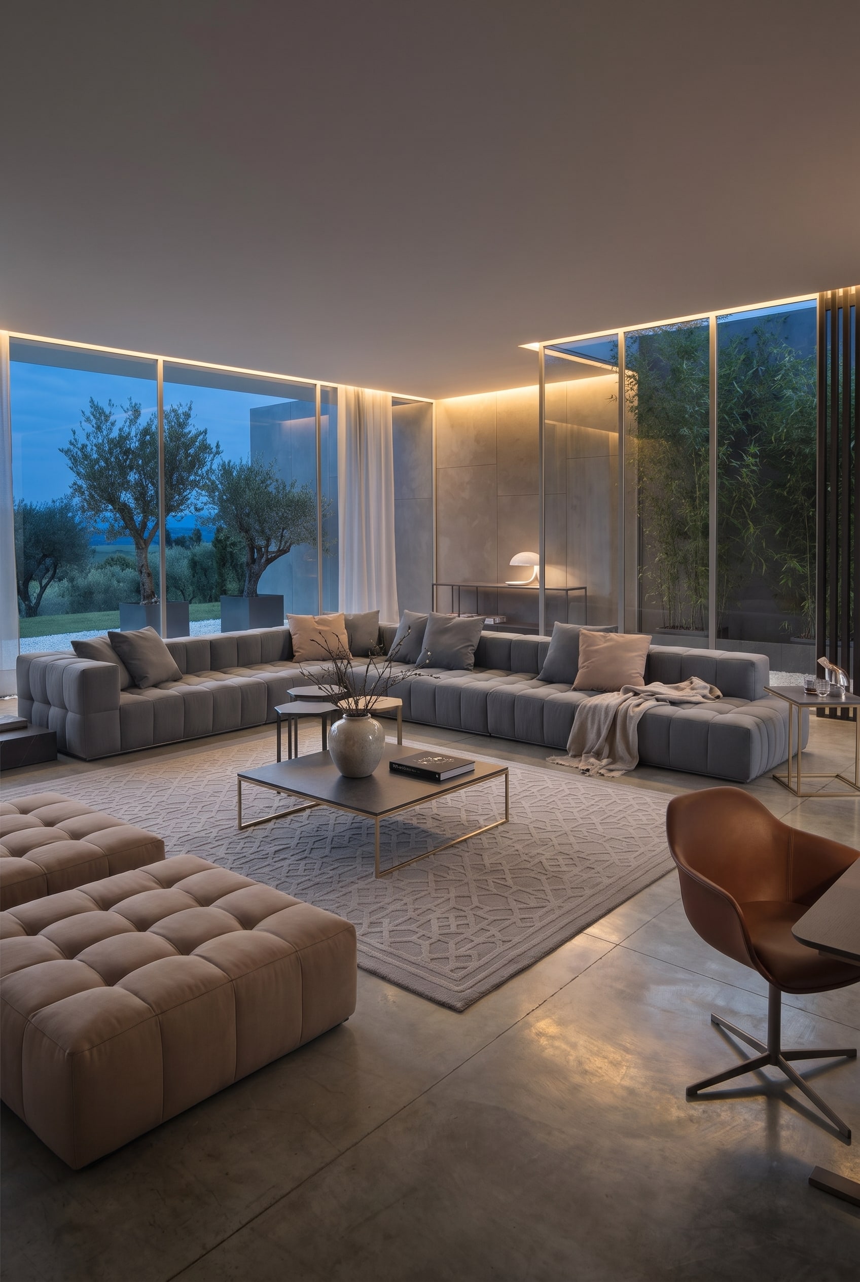 Modernes Wohnzimmer mit großem, modularem Stoffsofa in Grau, das als Wohninsel freistehend in der Raummitte platziert ist.