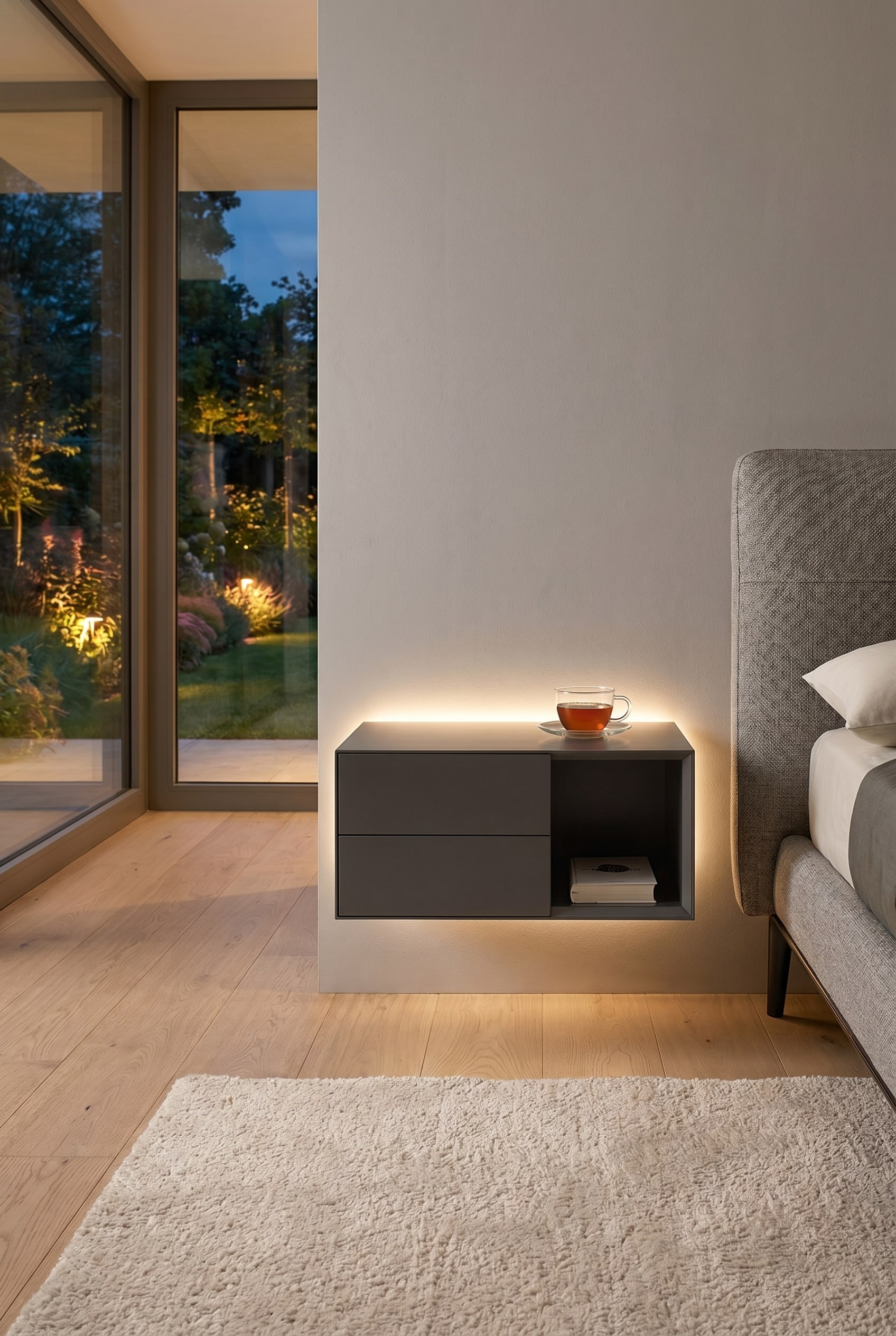 Wall-mounted, dark grey nightstand with two drawers and an open compartment, installed next to a grey upholstered bed