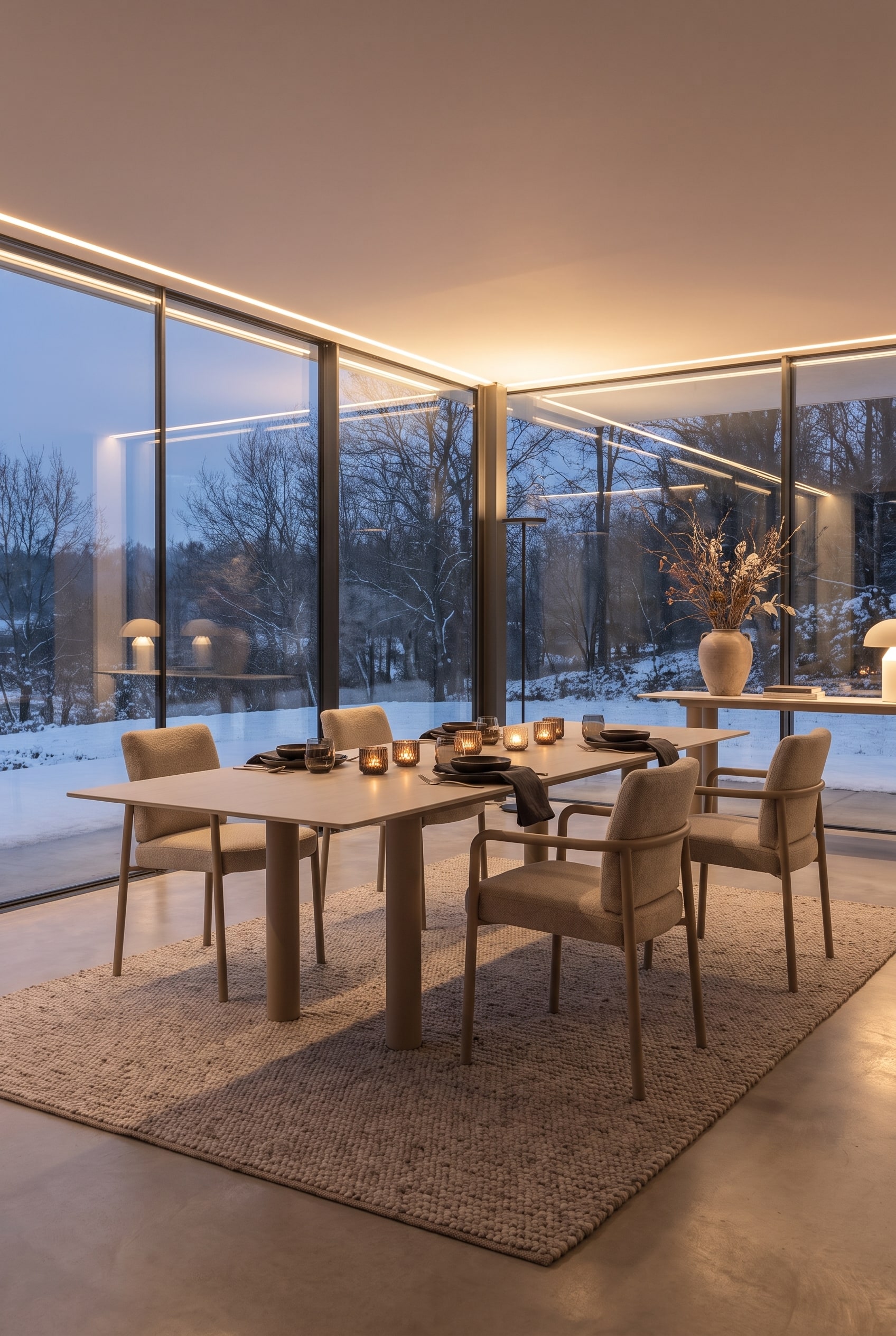 Gro&szlig;er, eleganter Esstisch aus hellem Material in einem Wintergarten, umgeben von gepolsterten Armlehnst&uuml;hlen auf einem weichen Teppich. Stilvoll gedeckter Tisch mit Keramikgeschirr.