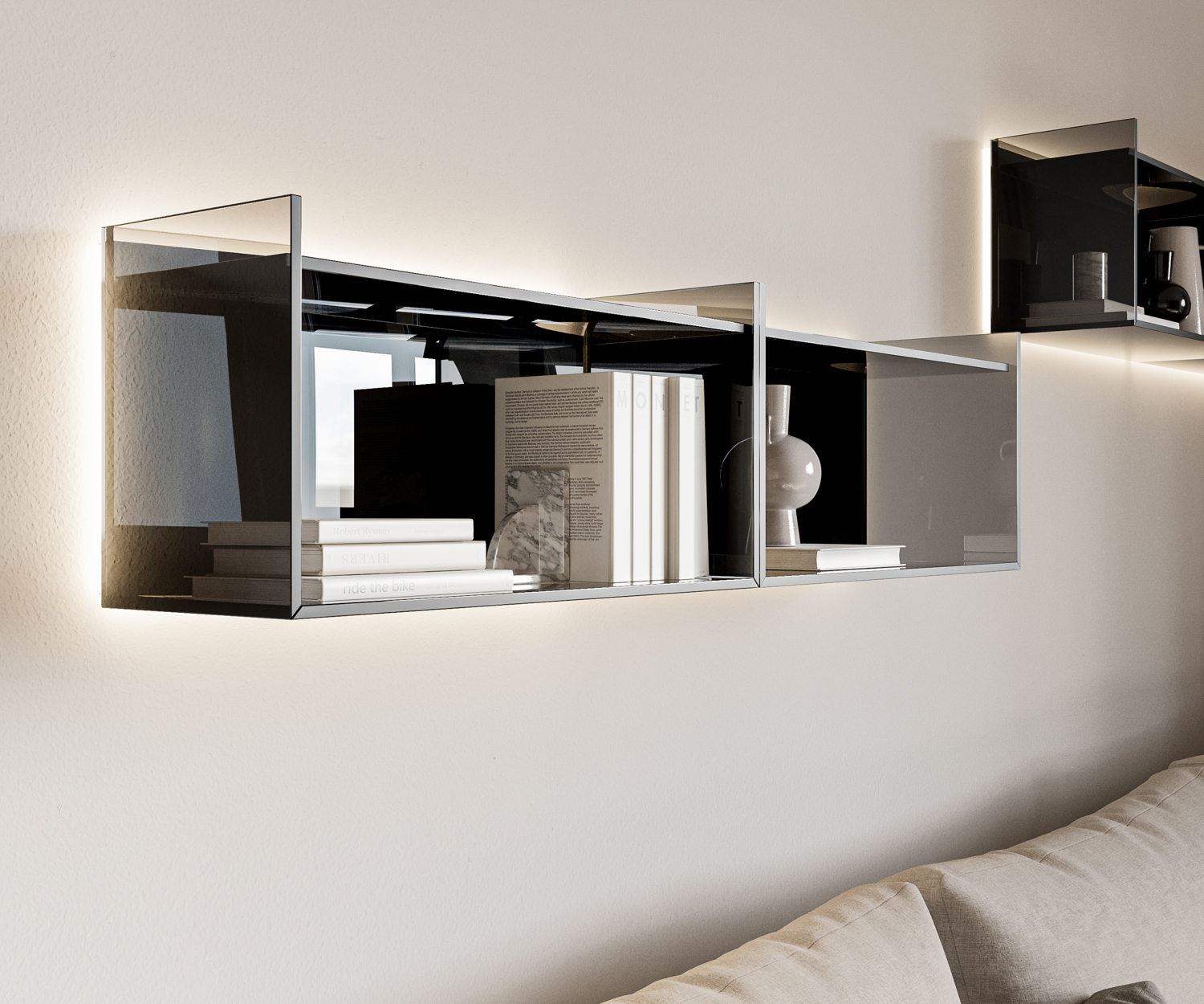 Die rauchfarbenen Module des Glas Wandregals von Livitalia lassen sich beliebig nebeneinander und &uuml;bereinander kombinieren