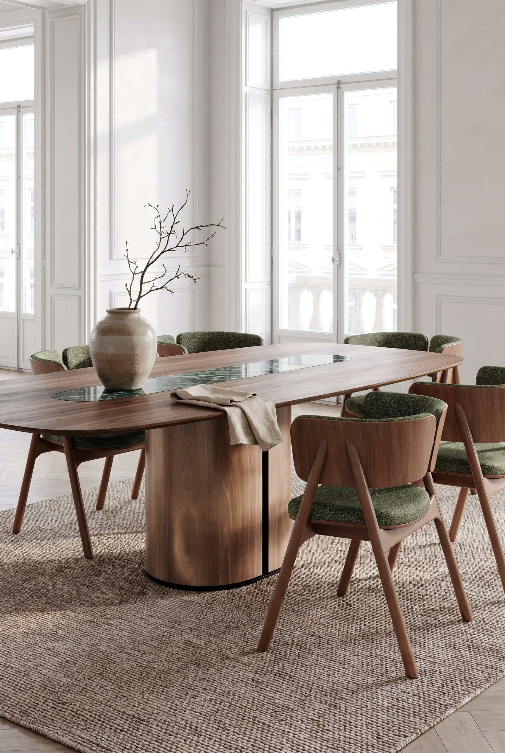 Klassisches Esszimmer mit großem Holztisch mit Marmoreinlage und grün gepolsterten Holzstühlen