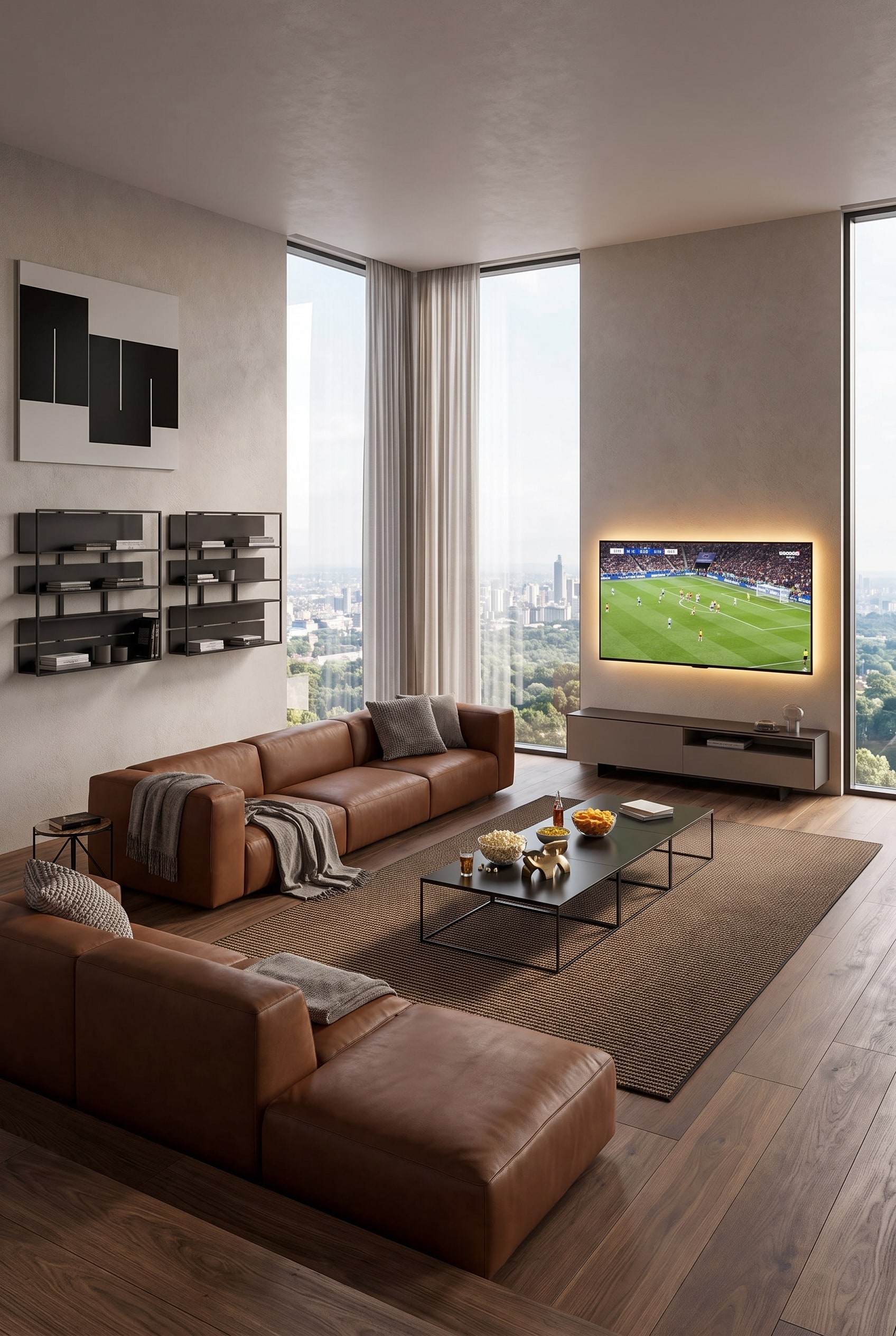 Gro&szlig;z&uuml;giges modulares Ledersofa in U-Form, arrangiert als gem&uuml;tliches Heimkino in einem modernen Wohnzimmer.