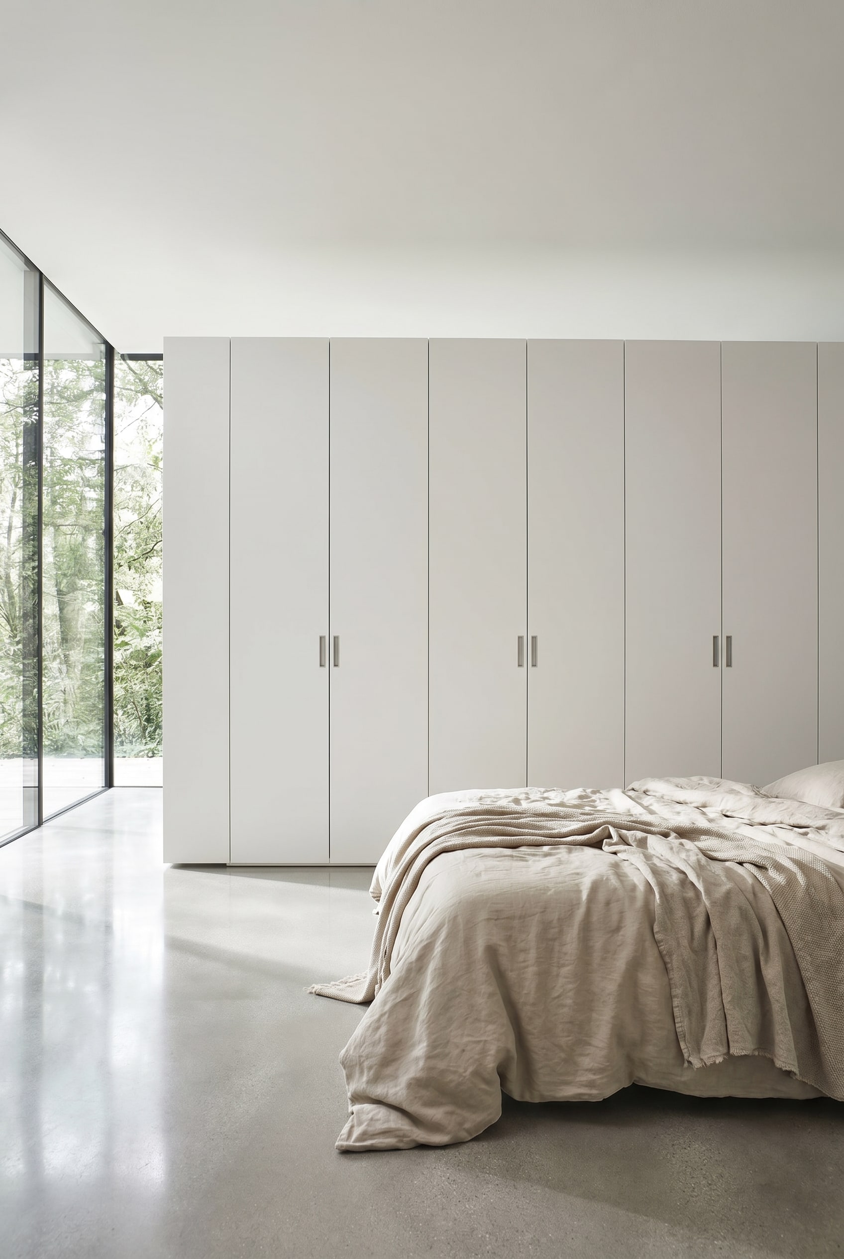 Fl&auml;chenb&uuml;ndiger, minimalistischer Kleiderschrank ohne Griffe im ruhigen Schlafzimmer