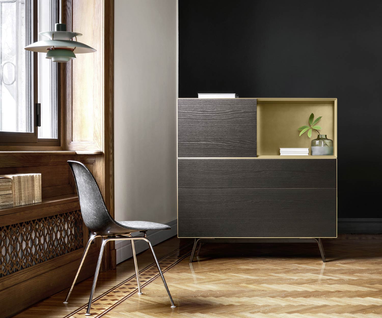 Modernes Designer Highboard Minimal von Livitalia offenes Fach Farbe Gold