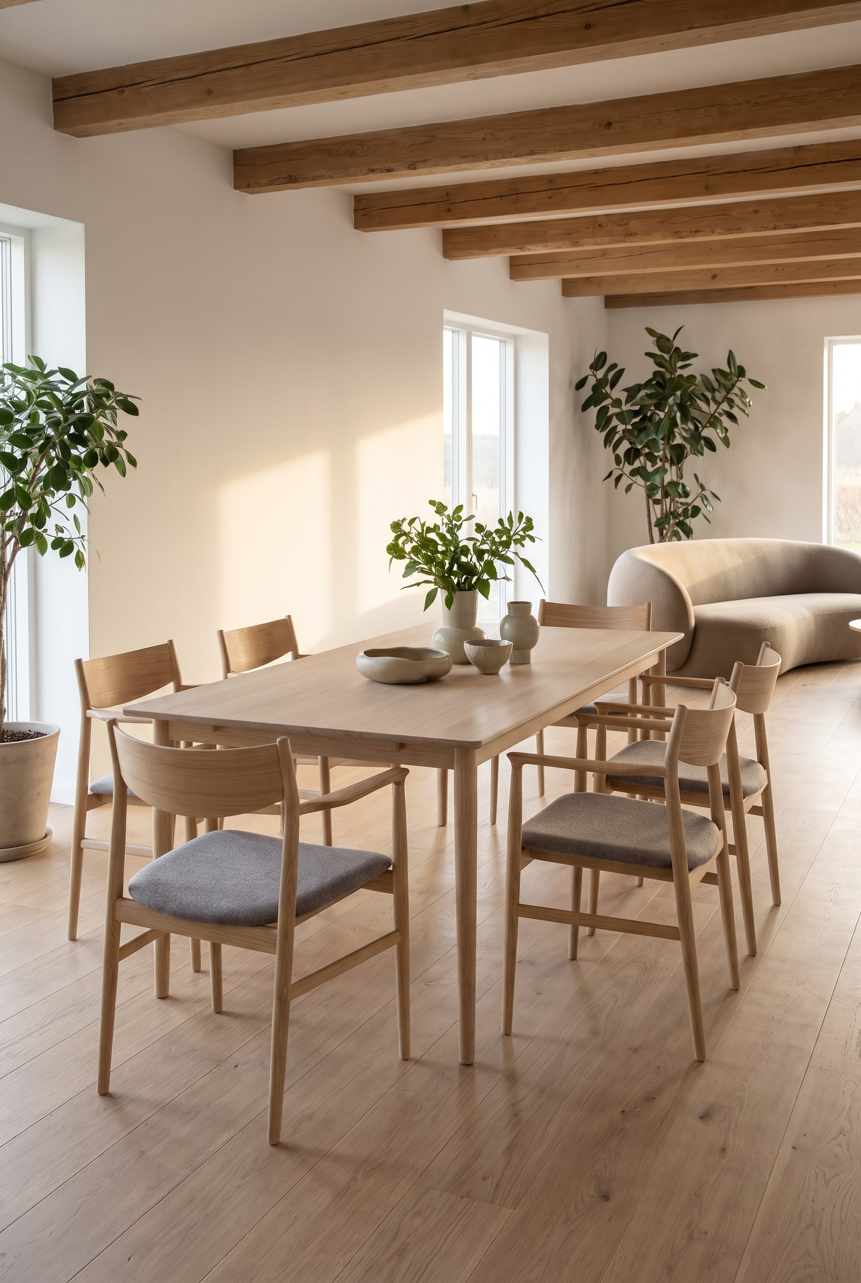 Dining room with an armchair made of light wood with an organically curved backrest
