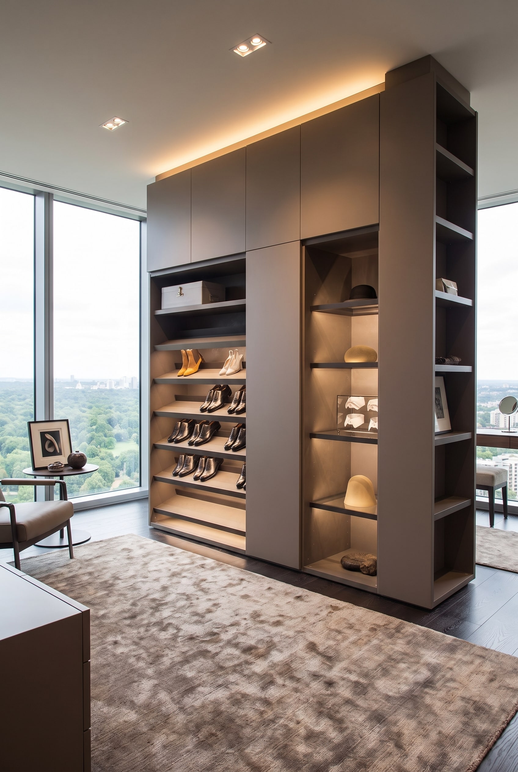 Blick in einen geöffneten Livitalia Design Schuhschrank mit geneigten Ablageböden und systematisch sortierten Schuhen