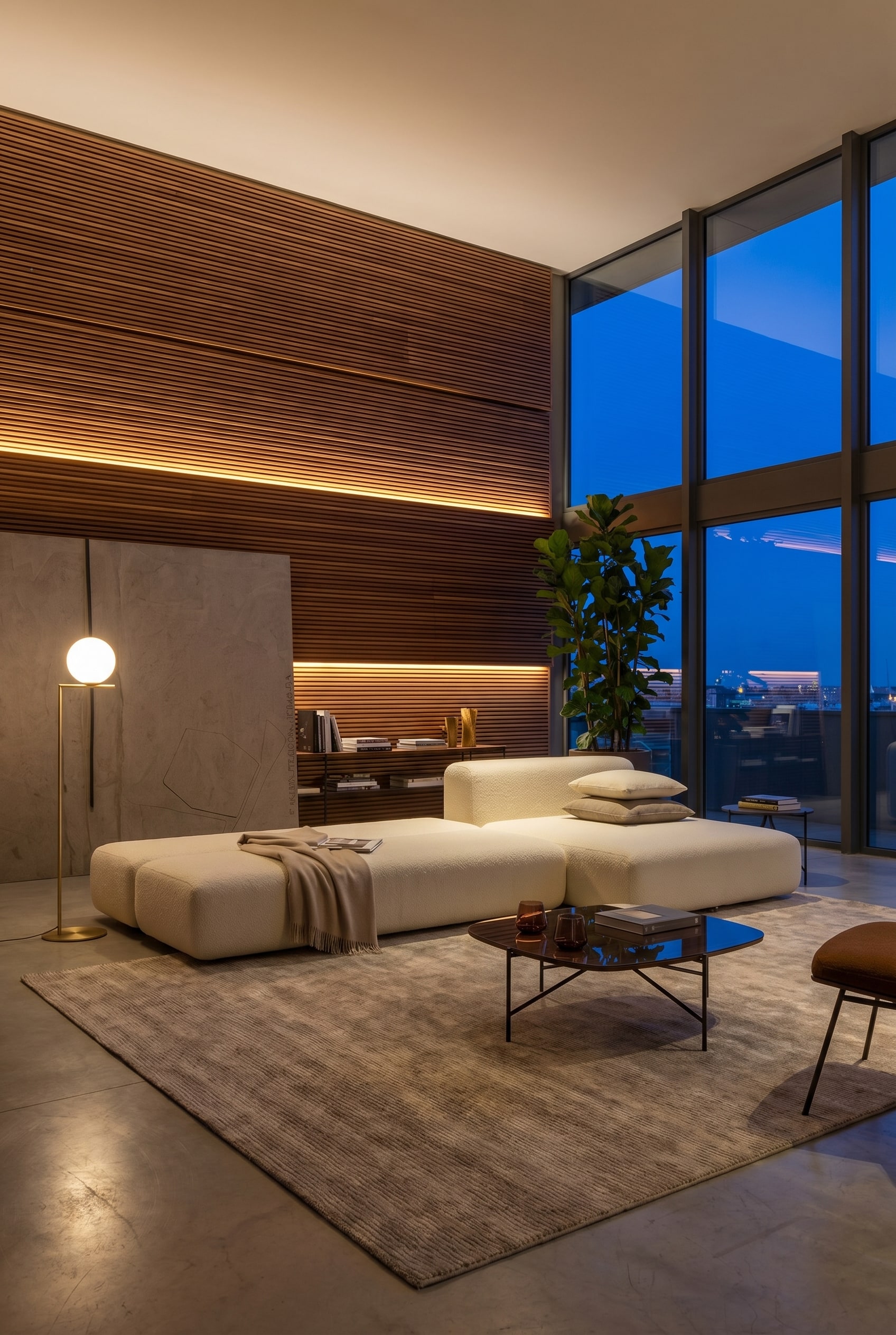 Dark grey modular sofa bed with a hotel suite look, placed in front of an elegant warm wall made of wooden slats