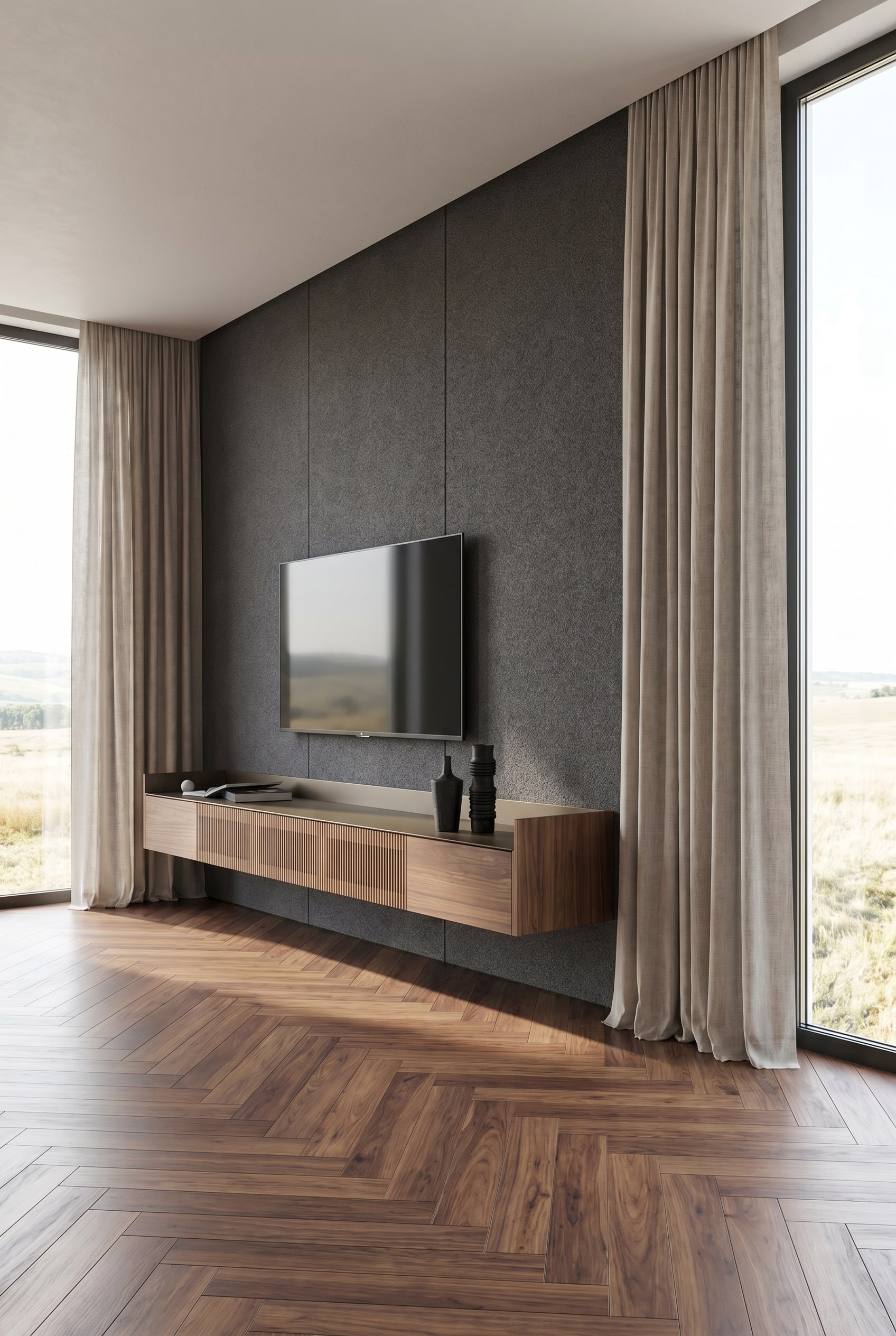 Walnussholz Wand-Sideboard unter Flachbildfernseher in minimalistischem Wohnzimmer mit bodentiefen Fenstern