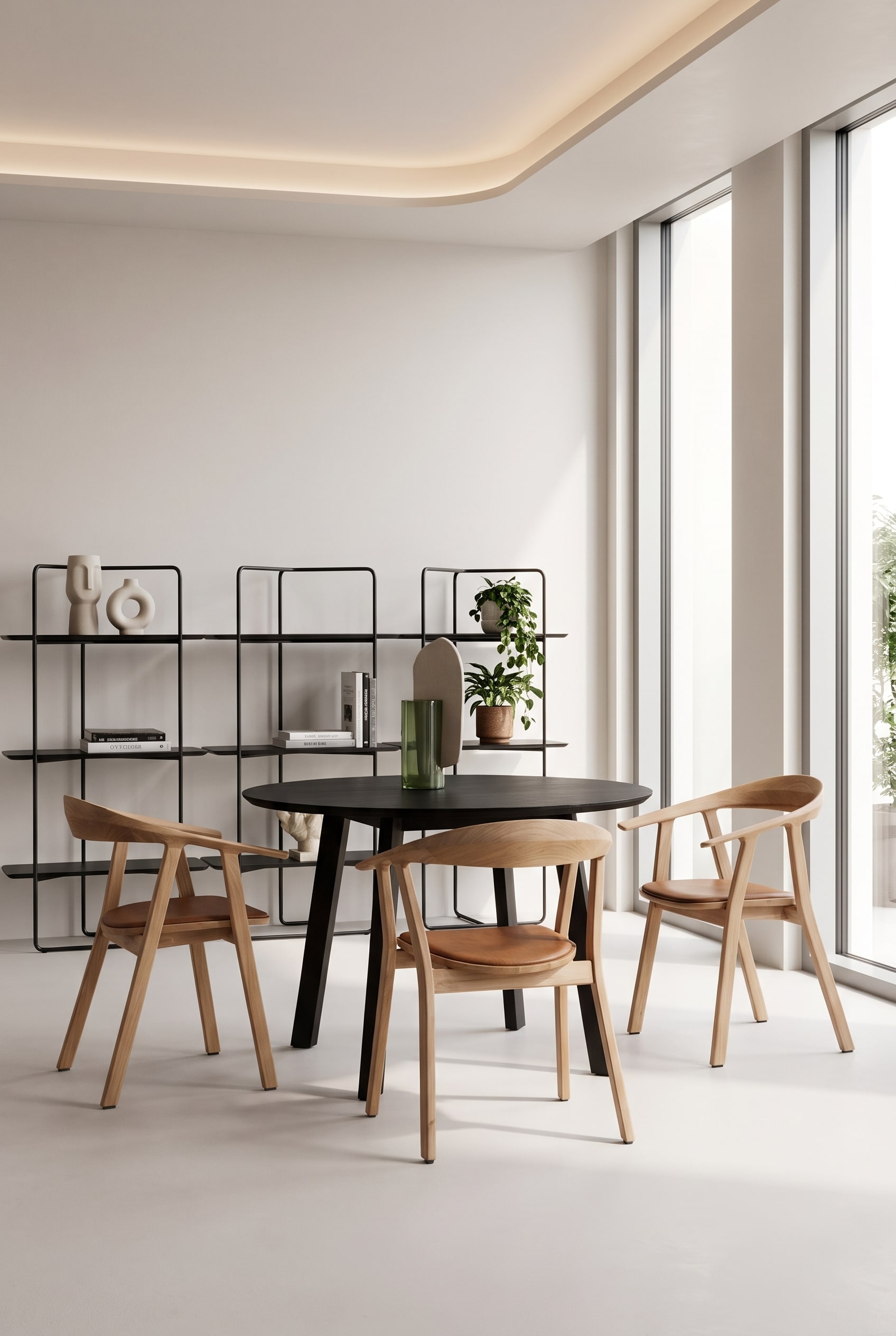 Spacious dining room with a round, black wooden table and several light wooden chairs with round backrests around it.